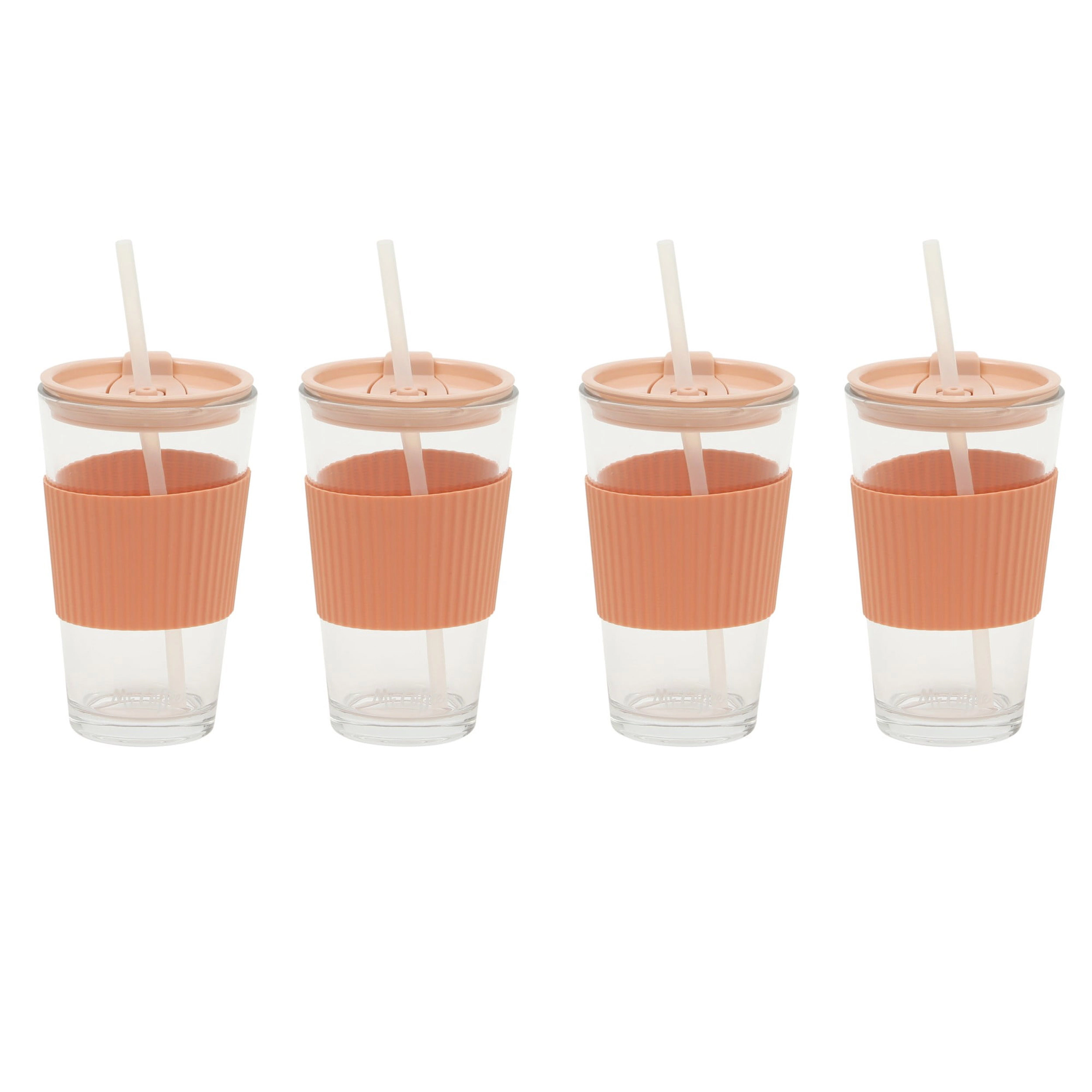 Mr. Coffee Sip Savvy 4 Piece 15 Ounce Clear Glass Tumbler Set with Straw and Lid in Pink