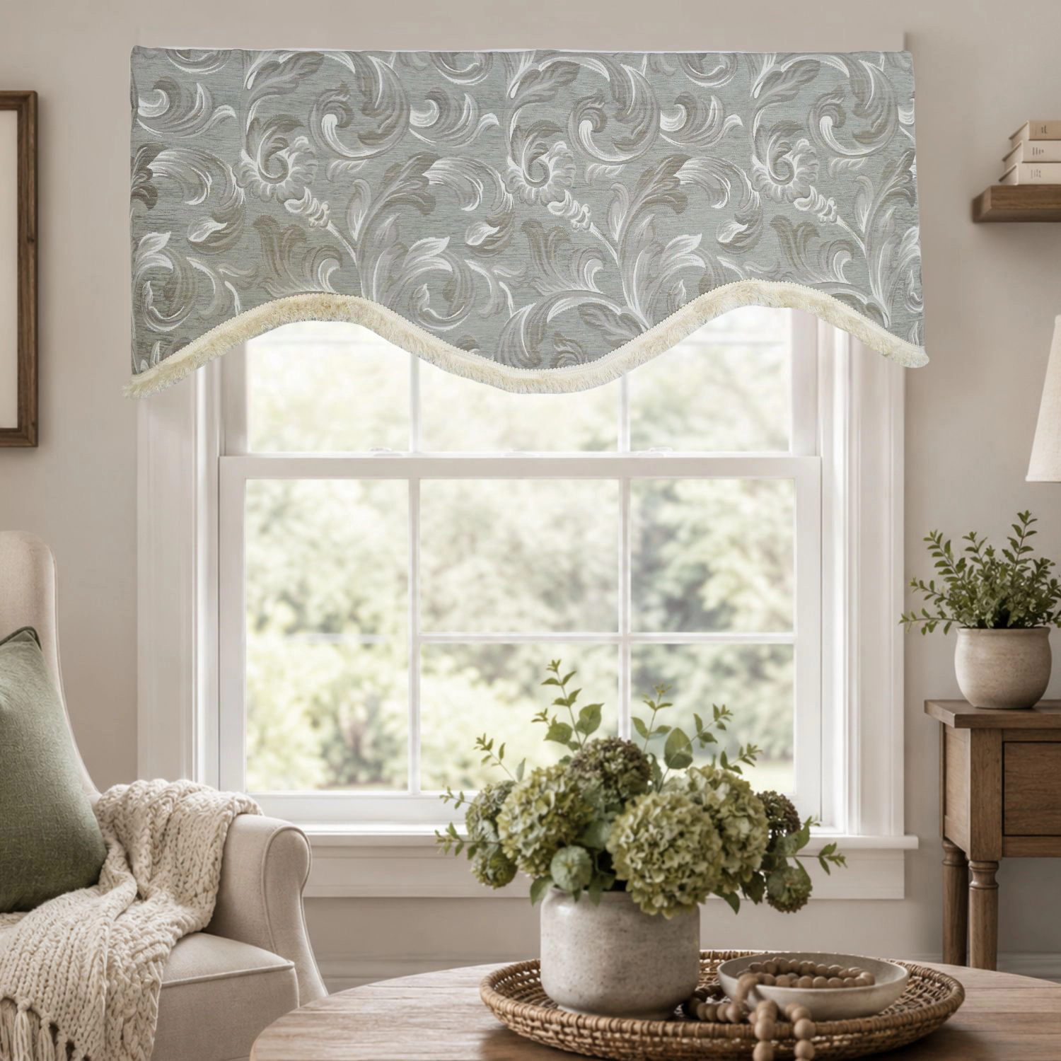 RLF Home 100% Cotton Jasper Trimmed Cornice Lined Window Valance 50 x 17 Sage