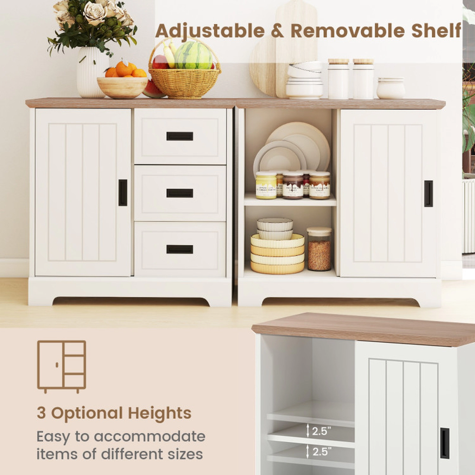 SUGIFT Farmhouse Sliding Door Sideboard Buffet Cabinet Kitchen Pantry 66-lb Tabletop Capacity Ivory and Oak