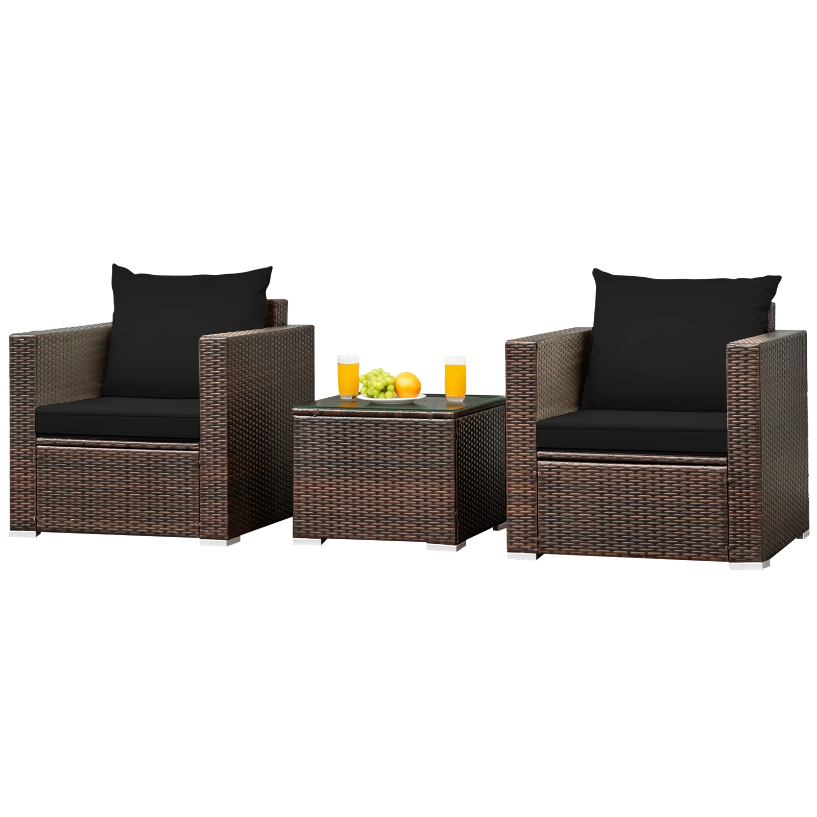 SUGIFT 3-Piece Black Rattan Patio Conversation Set with 2 Cushioned Armchairs and Glass Table