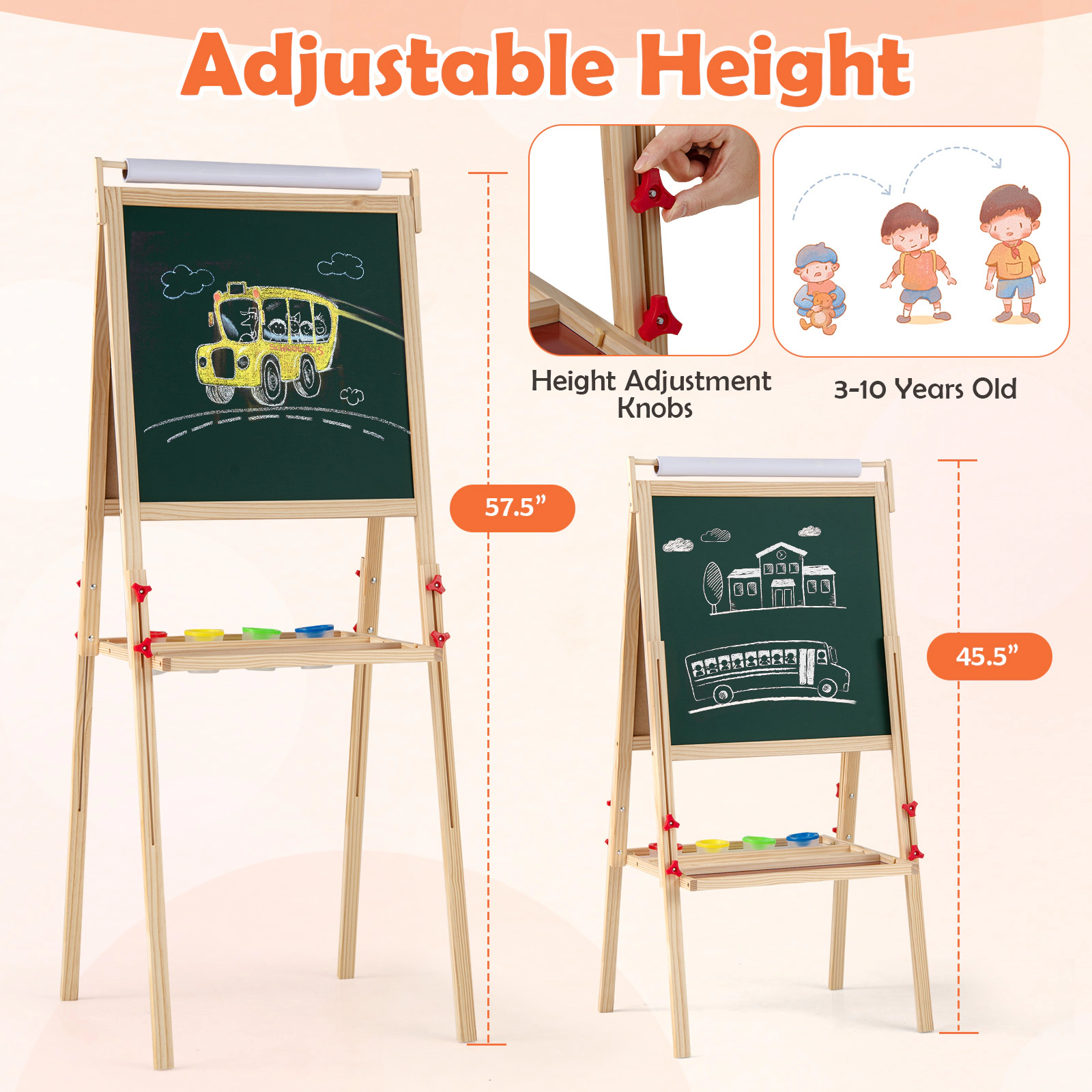 Height Adjustable Double-Sided Toddler Art Easel Kids 3 to 10 with 4 Paint Cups 19.5-in Board 17.5-in Paper Roll
