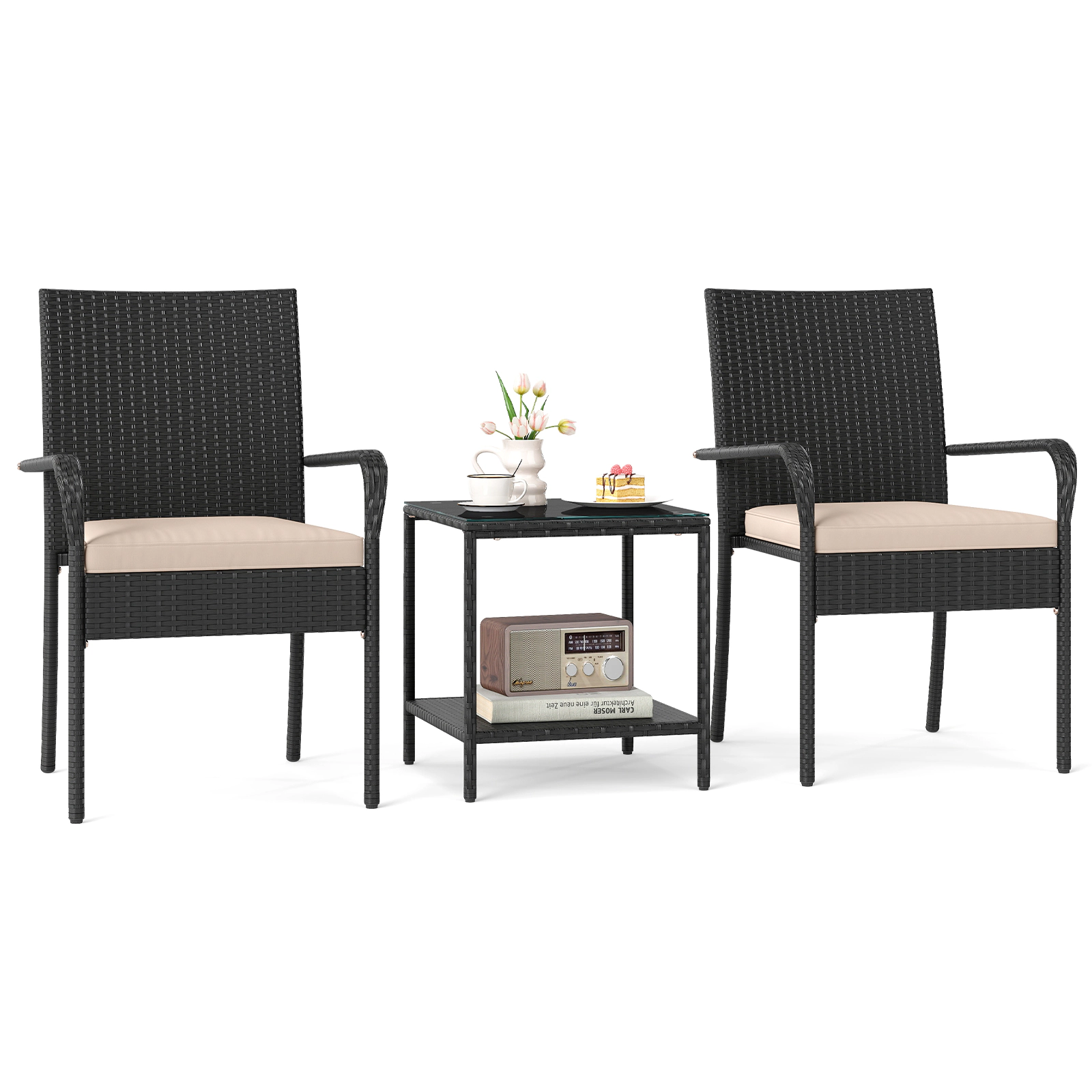 LJG 3 Piece Patio Furniture Set with Seat Cushions and Tempered Glass Tabletop