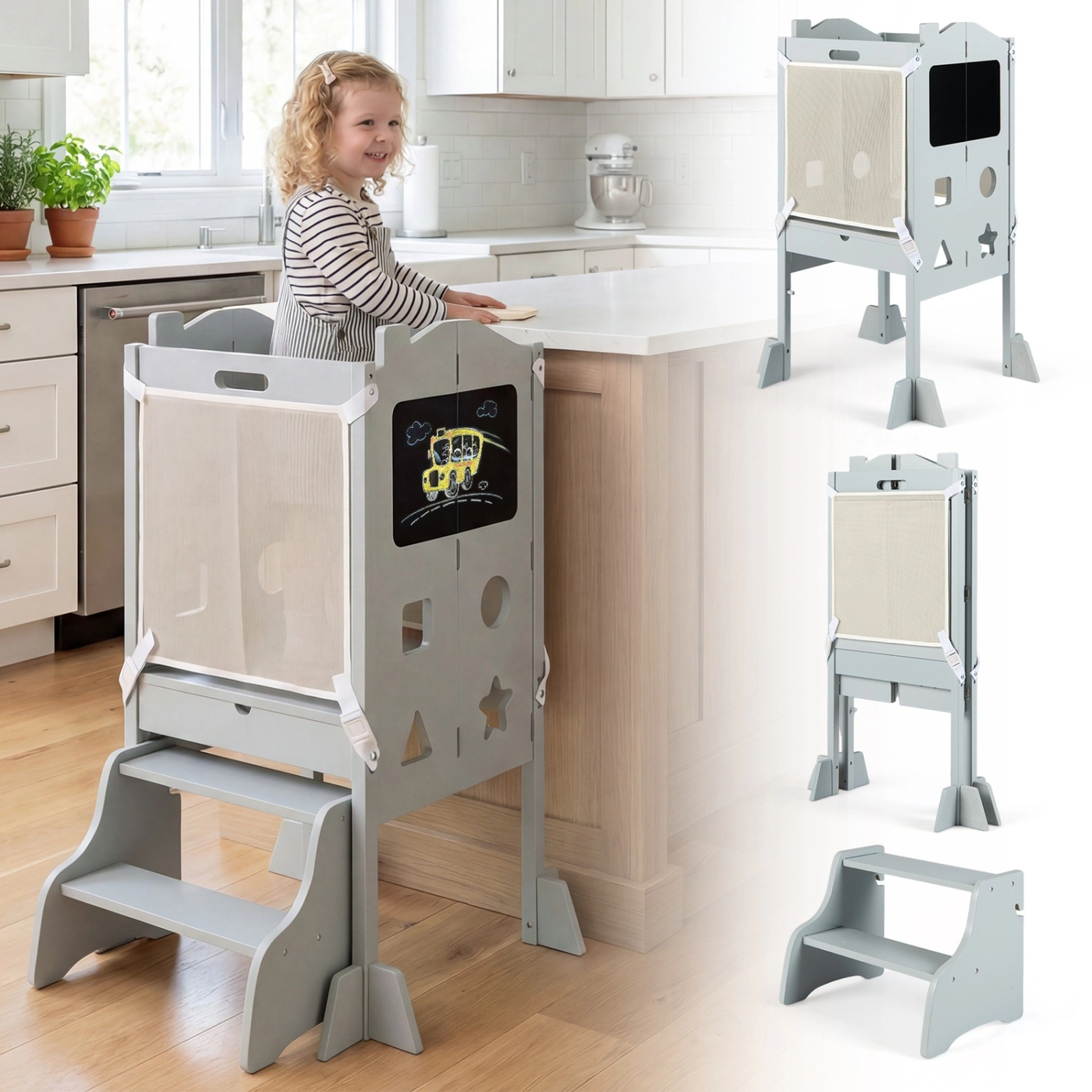 SUGIFT Foldable Toddler Standing Tower and 2-Step Stool with Chalkboards 110-lb Capacity Ages 2+ Gray/White