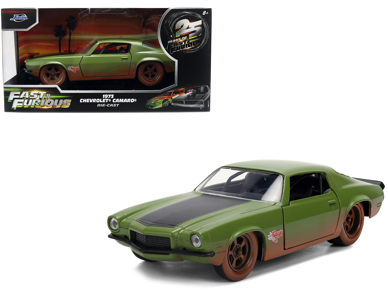 Jada Dom's 1973 Chevrolet Camaro "F-Bomb" Matt Green (Dirty Version) with Black Hood Stripe "Fast & Furious"