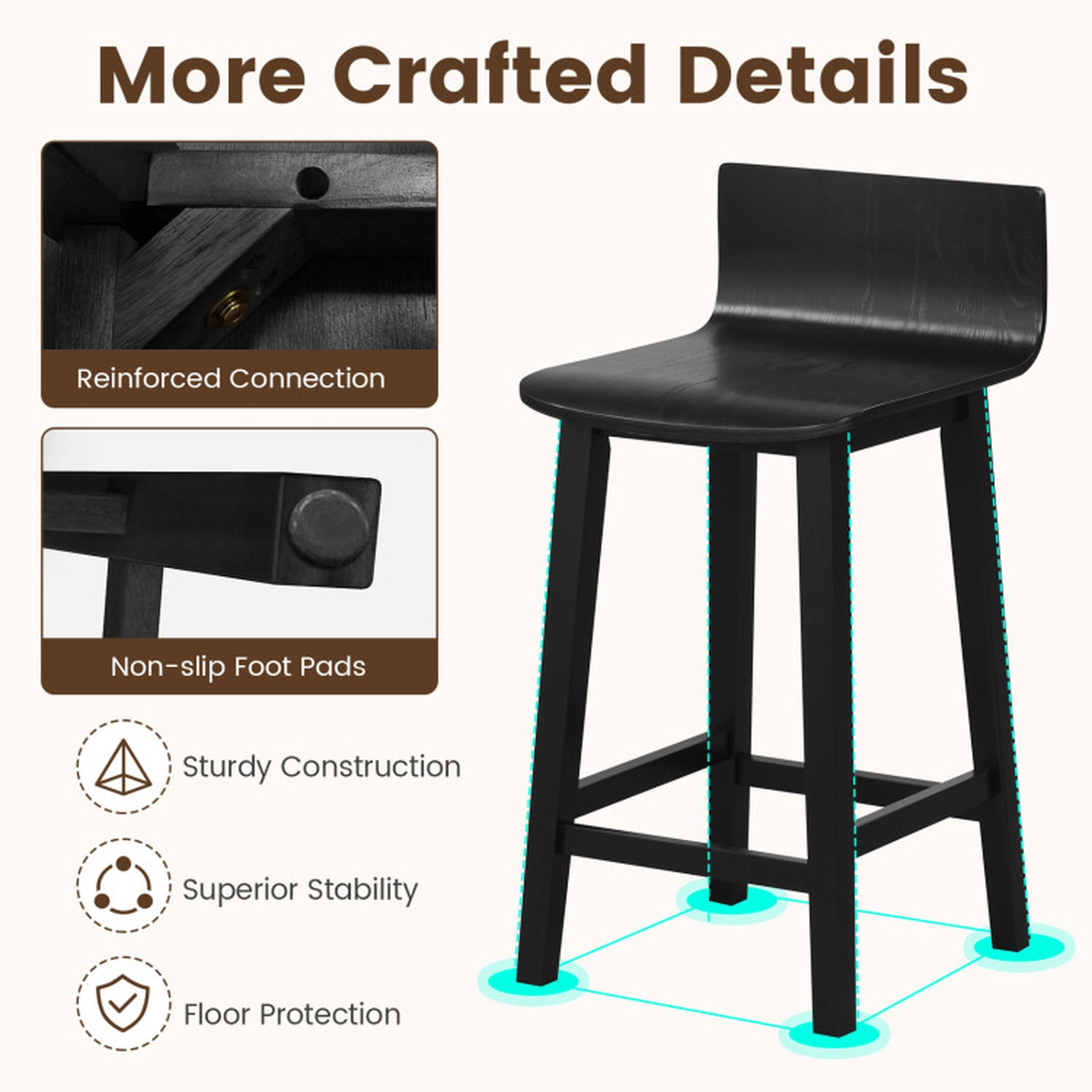 SUGIFT Set of 2 Black Mid-Century Solid Wood Bar Stools, 24.5 in Seat, Backrest and Footrest