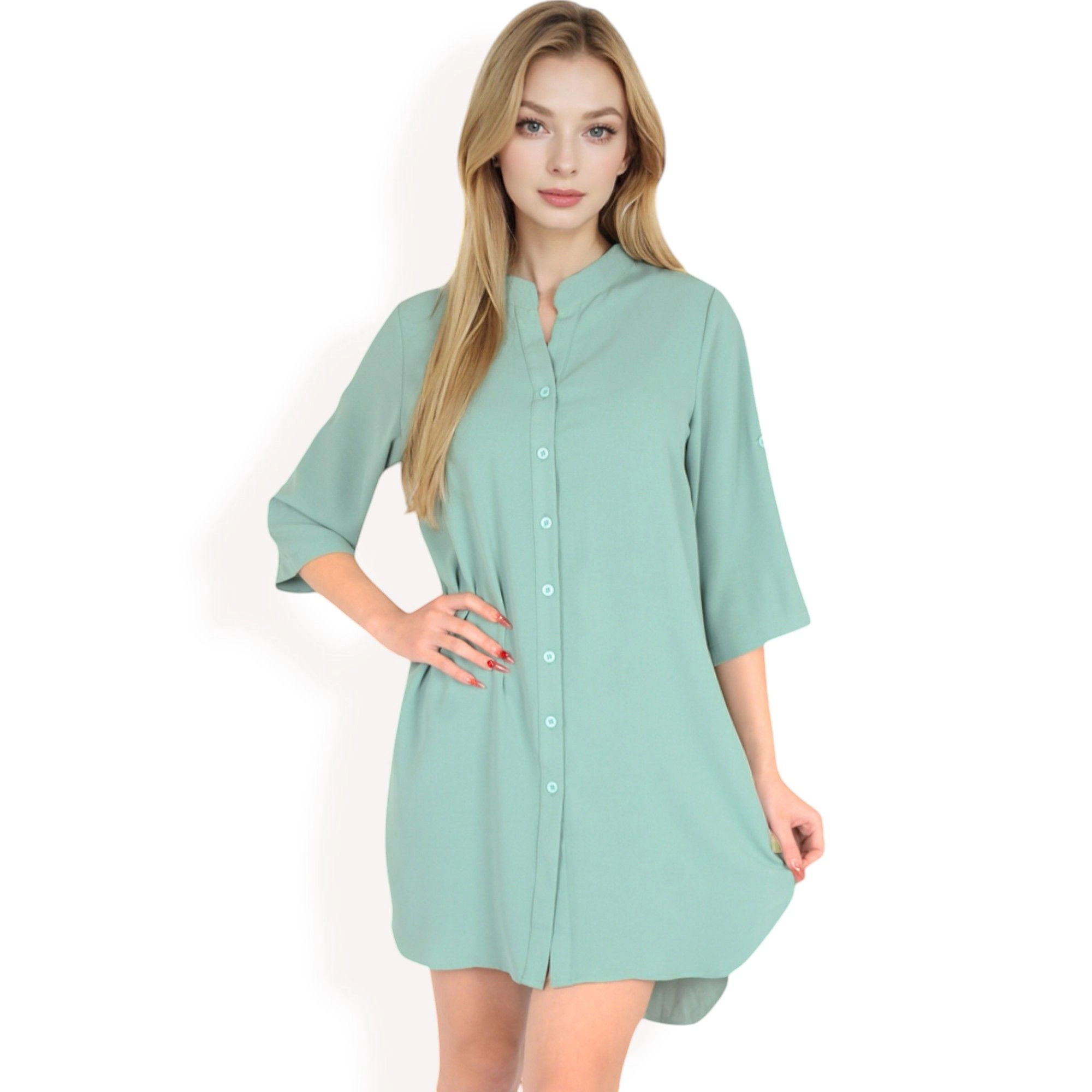 Anna-Kaci Women's Button Front Roll-Up Sleeve Shirt Dress