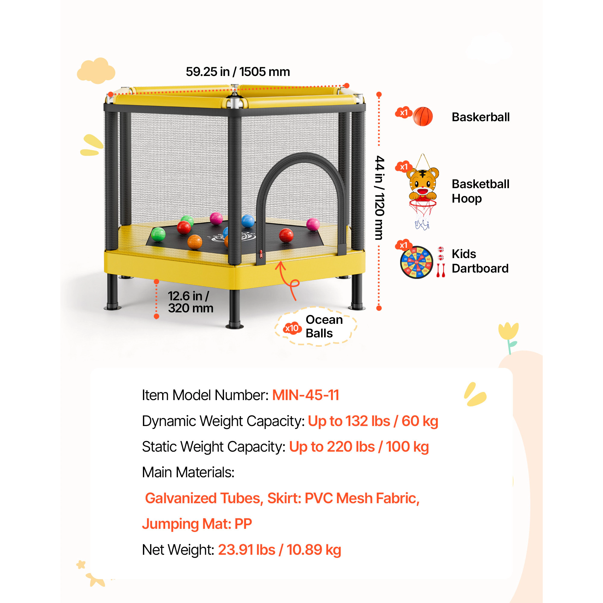 HONGGE Hexagonal Kids Trampoline with Safety Net & Basketball Hoop, ASTM Certified Toddler Trampoline, 132 lbs Capacity
