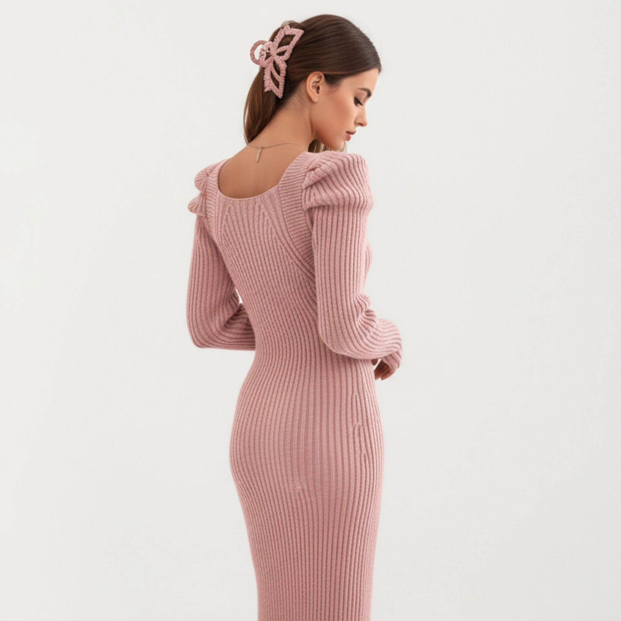 Anna-Kaci Women's Long Sleeve Ribbed Knit Bodycon Puff Shoulder Midi Dress