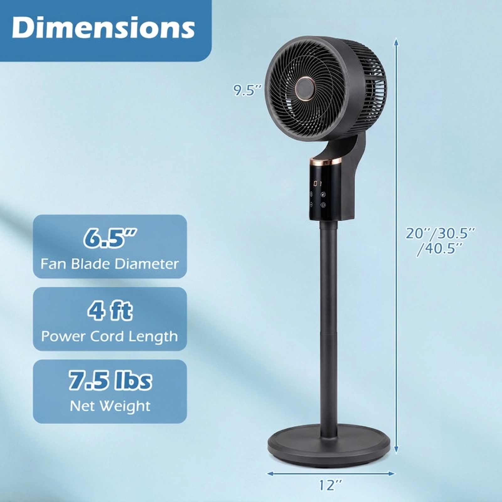 SUGIFT Compact Oscillating Pedestal Fan with 70° Swing and 90° Tilt 6.5-in Blade 900 CFM 8-Speed Remote Control Black