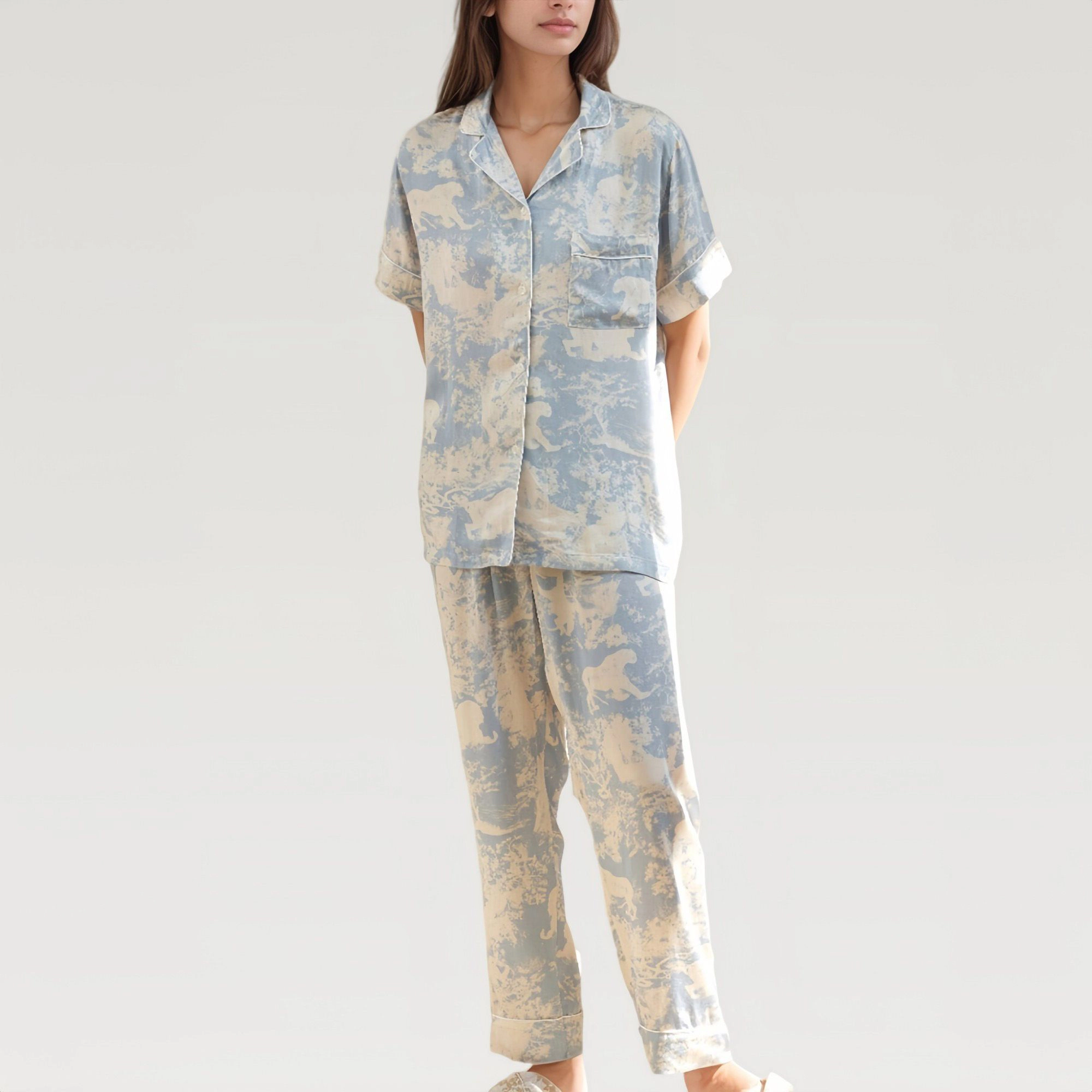 Anna-Kaci Women's Satin Pajama Set with Short Sleeve Button Up Top and Abstract Animal Print Relaxed Pants