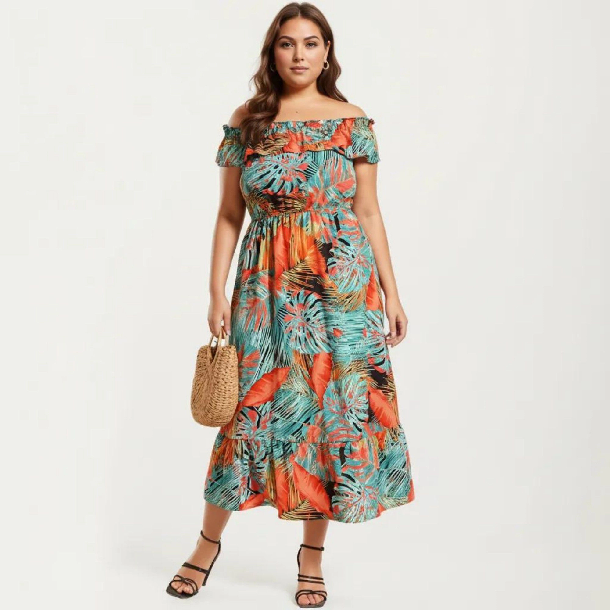 Anna-Kaci Women's Off Shoulder Tropical Print Ruffle Neckline Elastic Waist Tiered Hem Flowy Fit Midi Dress