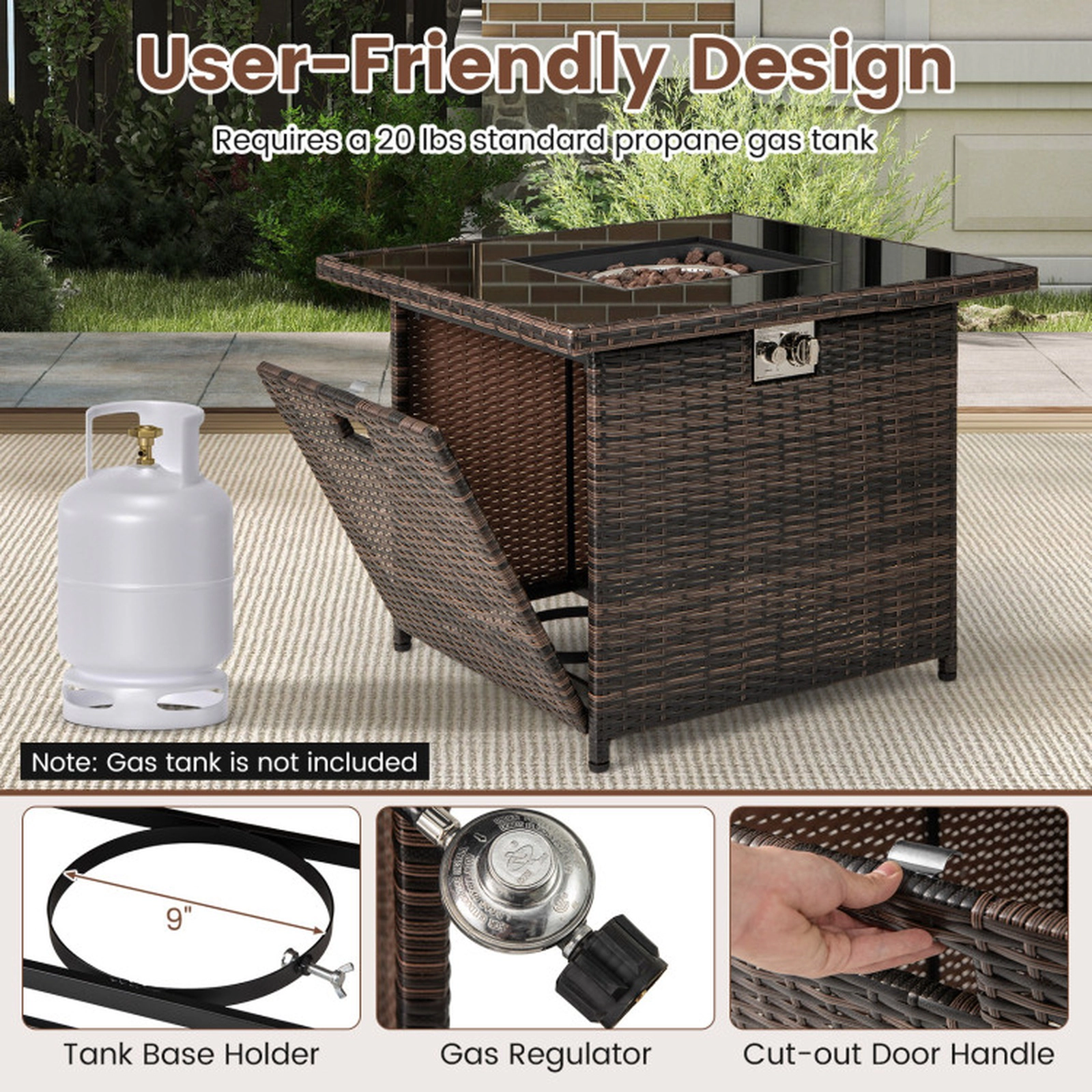 SUGIFT 32.5-Inch Brown PE Rattan Propane Fire Pit Coffee Table, 50,000 BTU