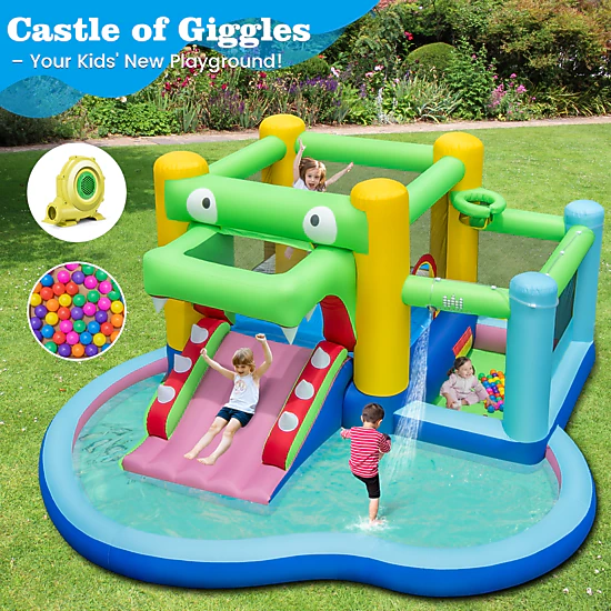 LJG Kids Inflatable Bounce House with Slide and Splash Pool and 680W Blower
