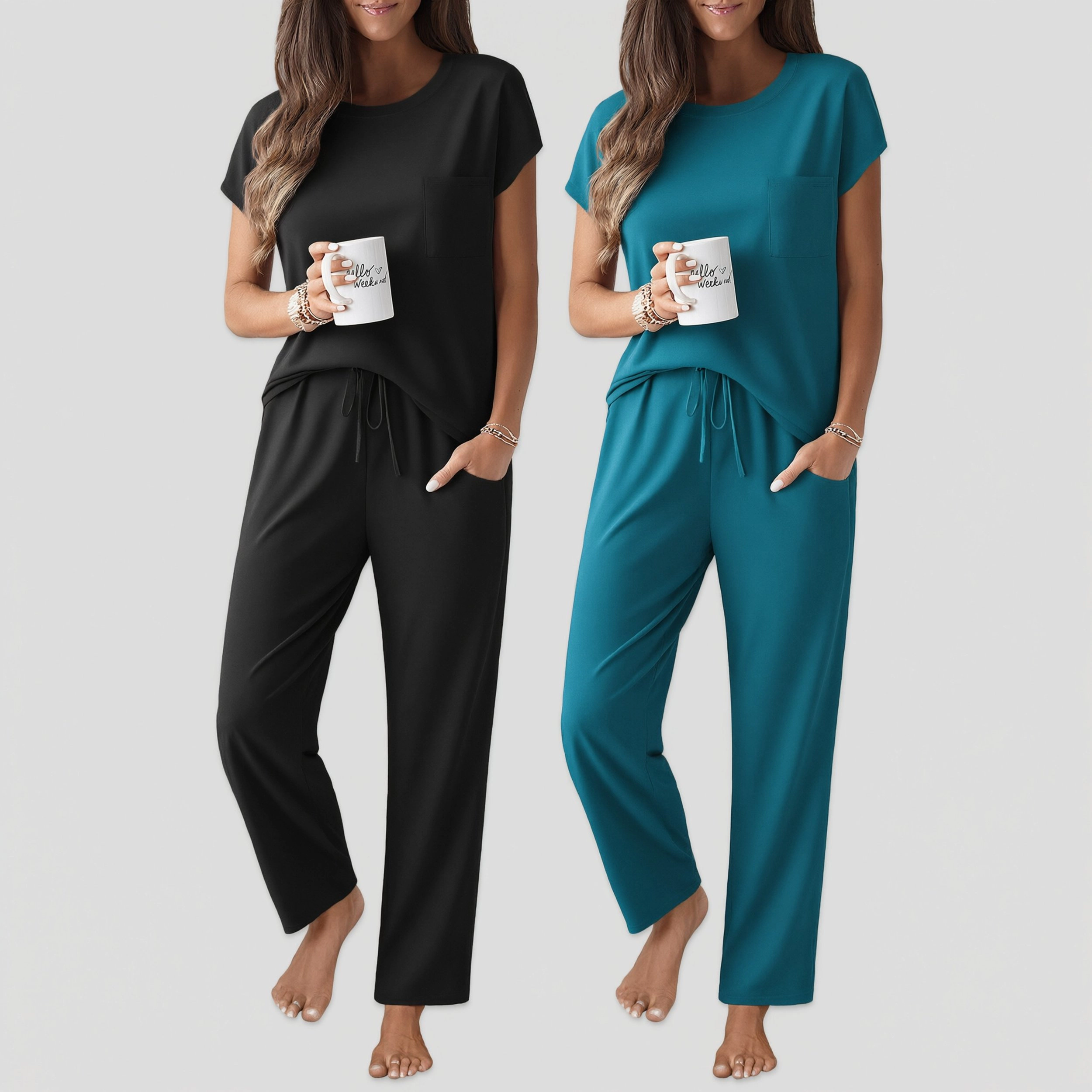 Ekouaer Women's Crew Neck Short Sleeve Pajama Set with Print Pants