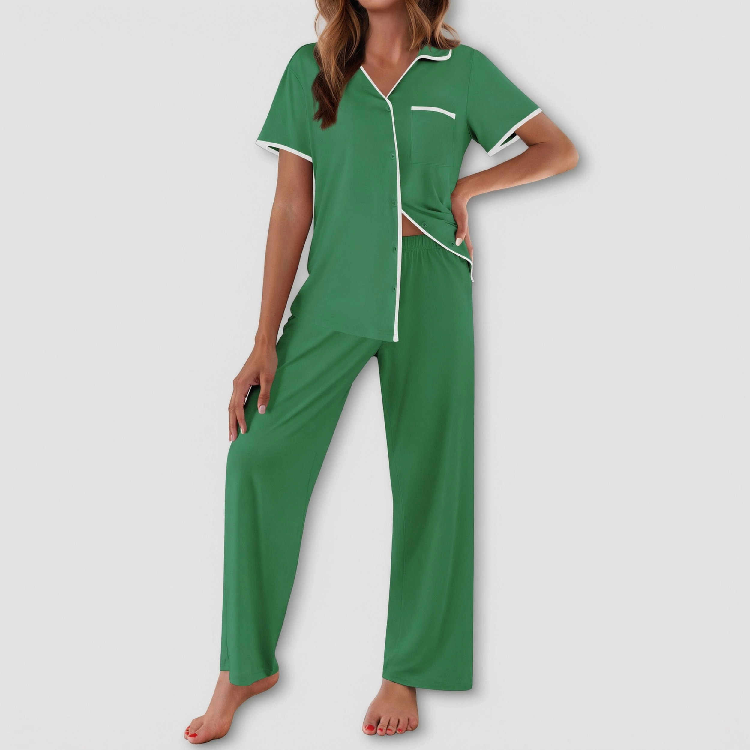 Ekouaer Women's Pajamas Button Down Notch Collar Soft Short Sleeve Pjs with Long Pant Lounge Set