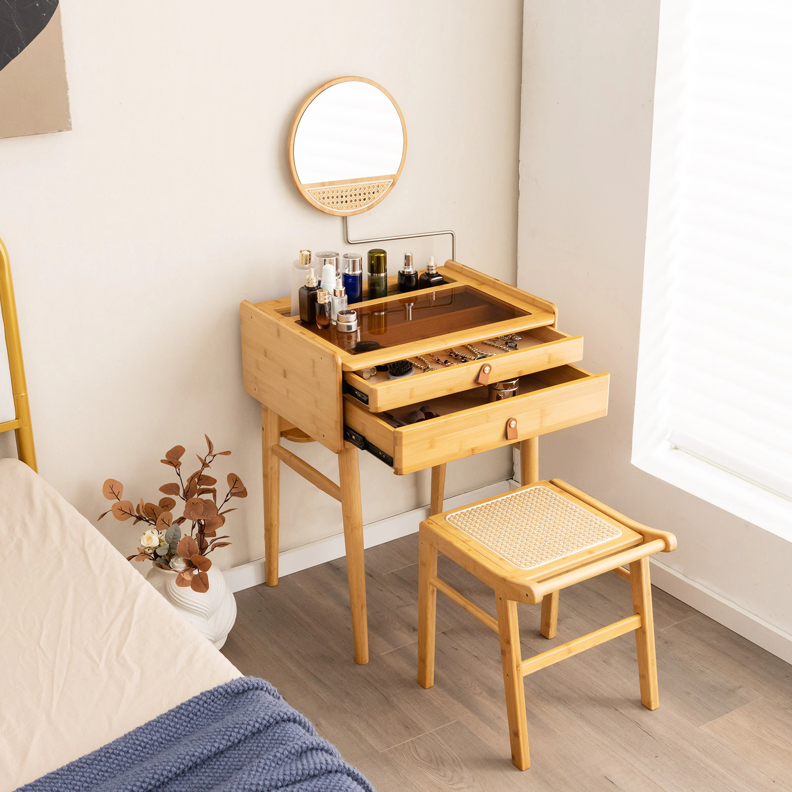 SUGIFT Bamboo Vanity Stool with Faux Rattan Seat and Reinforcement Bar 265-lb Capacity 17-in Tall Natural