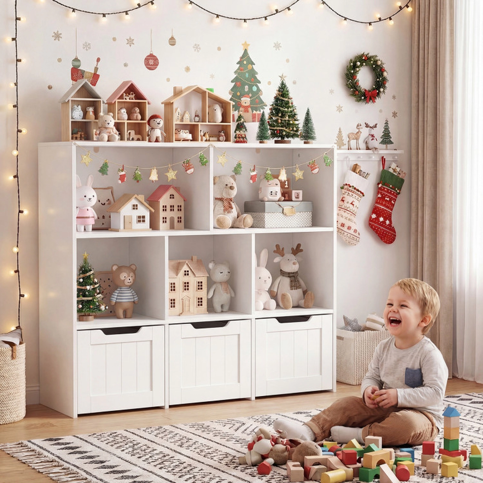 SUGIFT 5-Cubby 66-lb Top 35.5-in Kids Toy Storage Organizer and Bookshelf with 3 Movable Drawers on Wheels