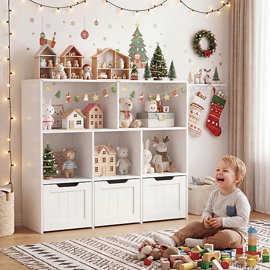 SUGIFT 5-Cubby 66-lb Top 35.5-in Kids Toy Storage Organizer and Bookshelf with 3 Movable Drawers on Wheels