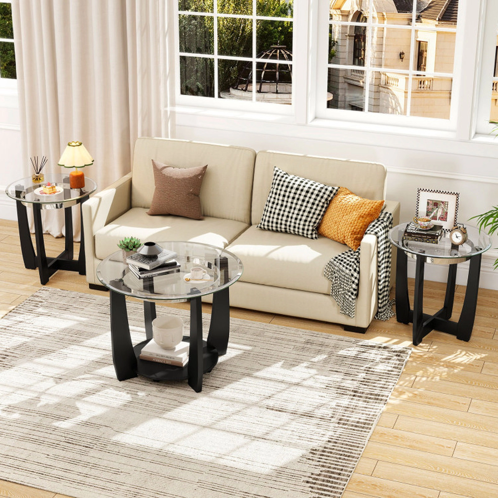 SUGIFT 3-Piece Black Tempered Glass Coffee and Side Table Set with Locking Casters