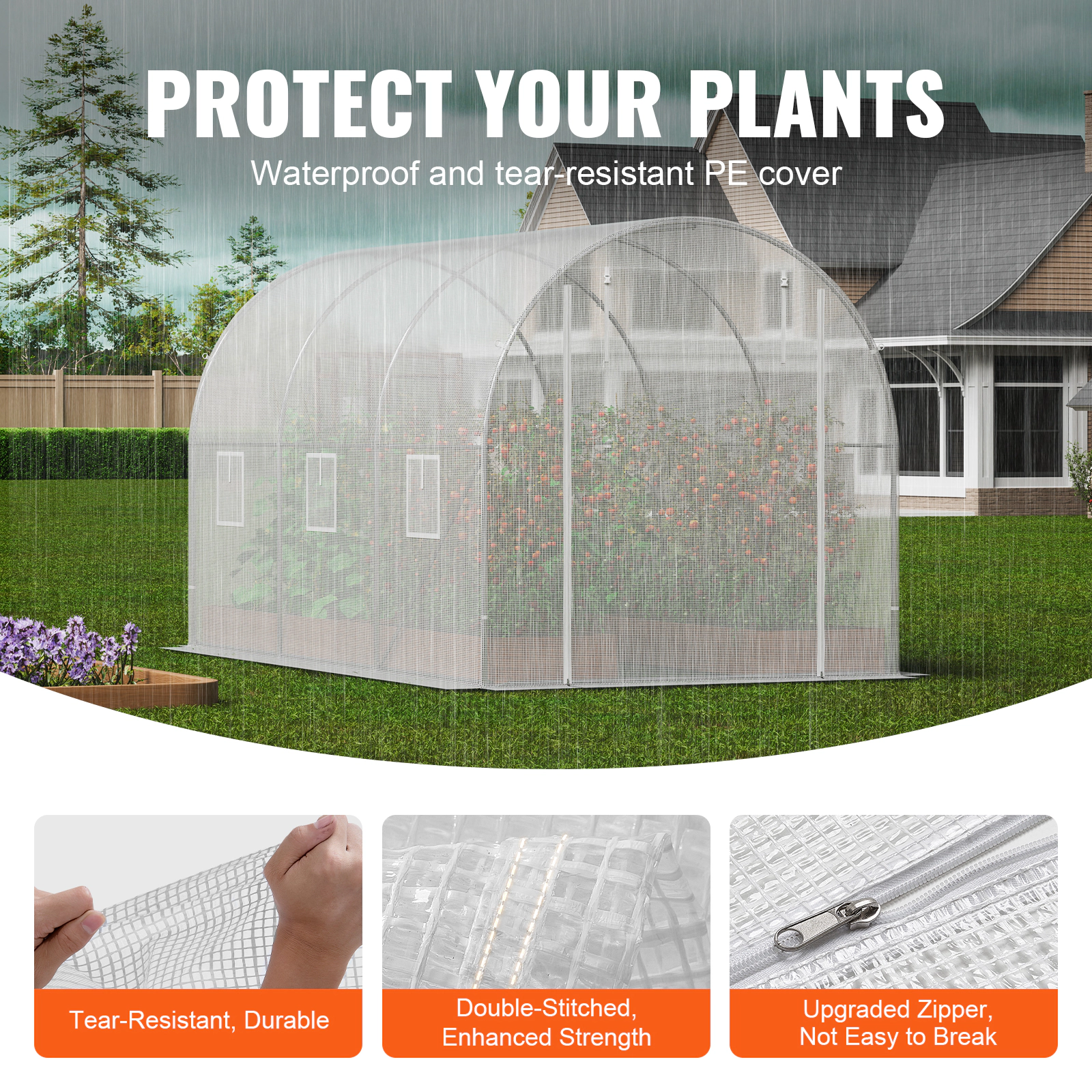 HONGGE Walk-in Tunnel Greenhouse Portable Plant Hot House with Galvanized Steel Hoops 1 Top Beam Diagonal Poles