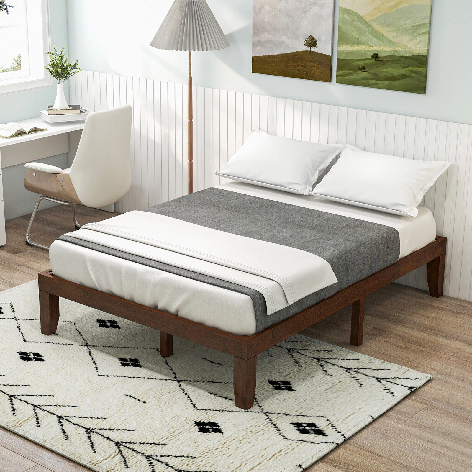 14-in Full Size Solid Wood Platform Bed Frame with 14 Poplar Slats 10 Support Legs Coffee