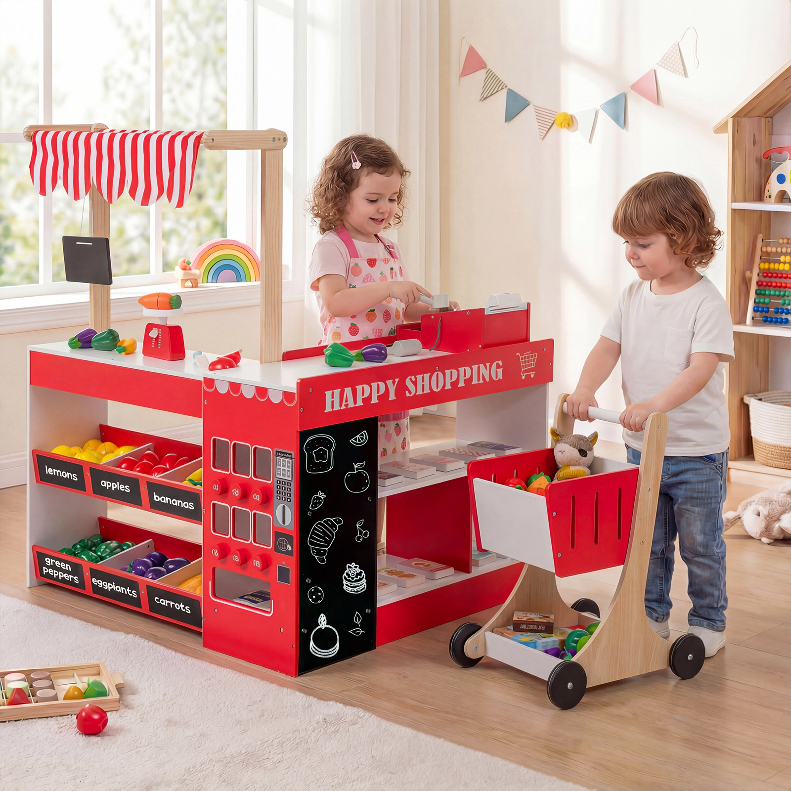 SUGIFT Kids Grocery Store Playset Pretend Supermarket Checkout Counter & Shopping Cart Ages 3+ Gray + White/Natural +