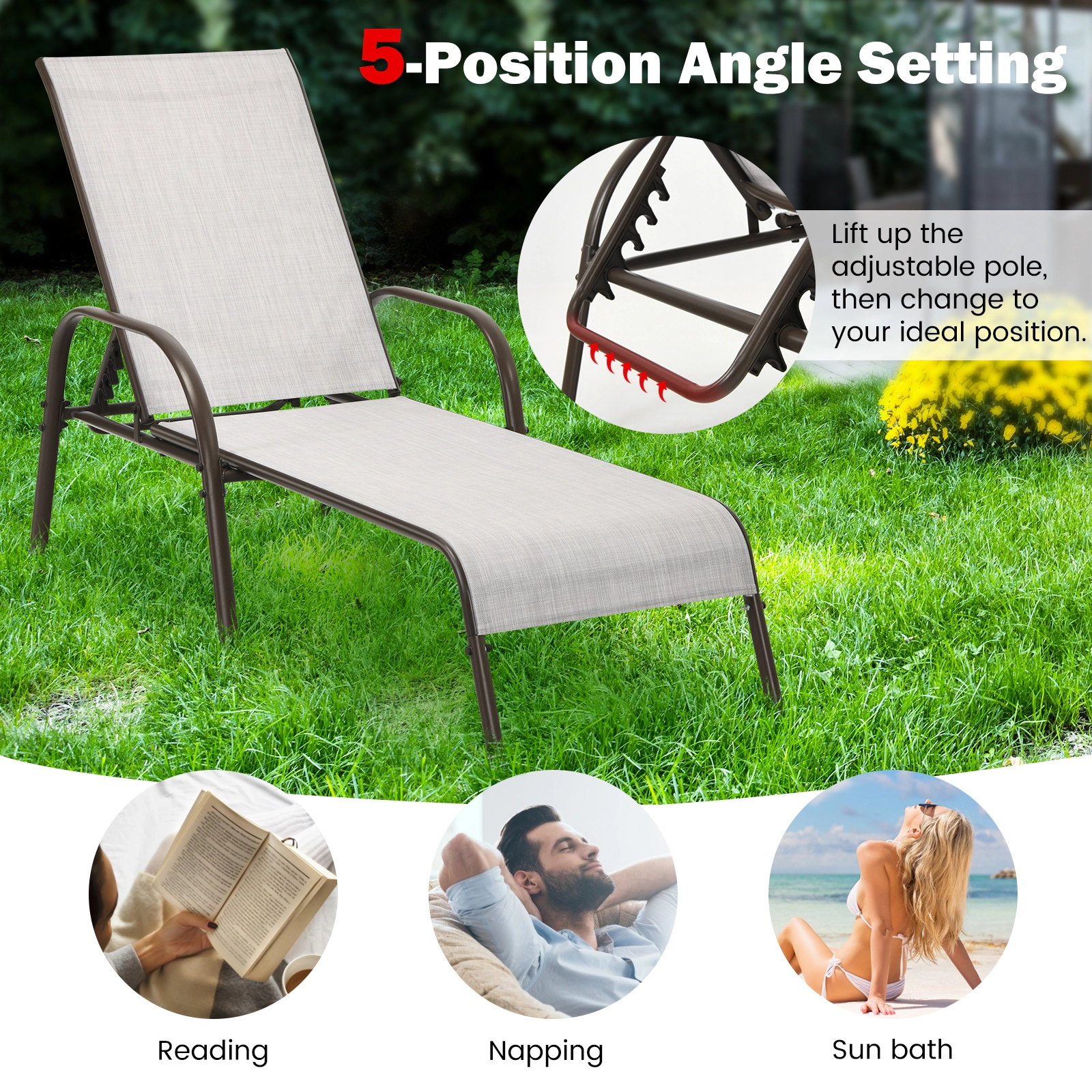 SUGIFT Folding Patio Chaise Lounge Chair, Adjustable 5-Position Backrest, Gray