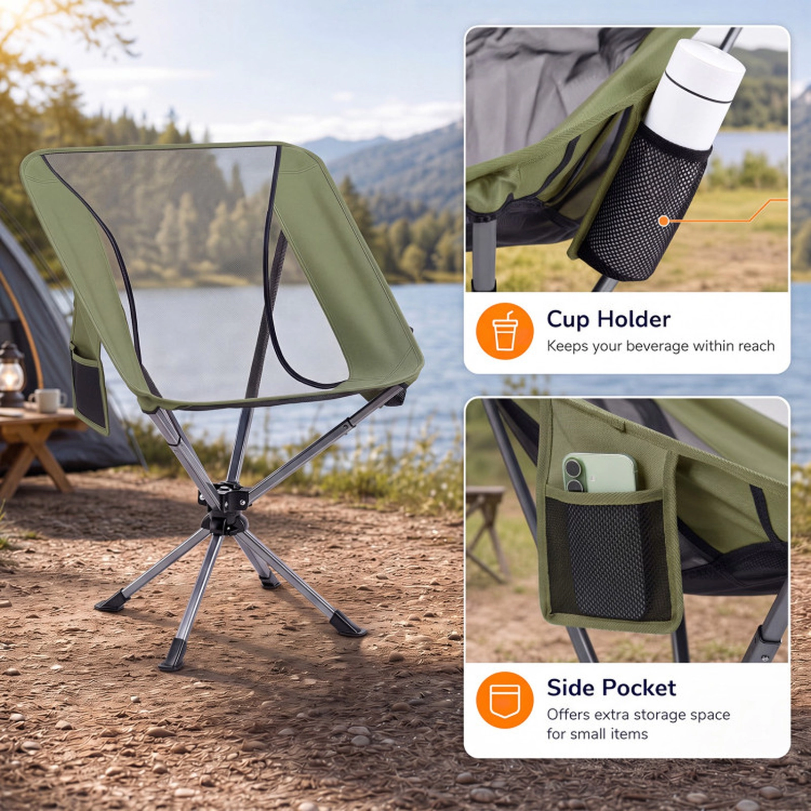 SUGIFT 360° Swivel Camping Chair with Cup Holder and Side Pocket 330-lb Capacity 17.5-in Seat Height Green