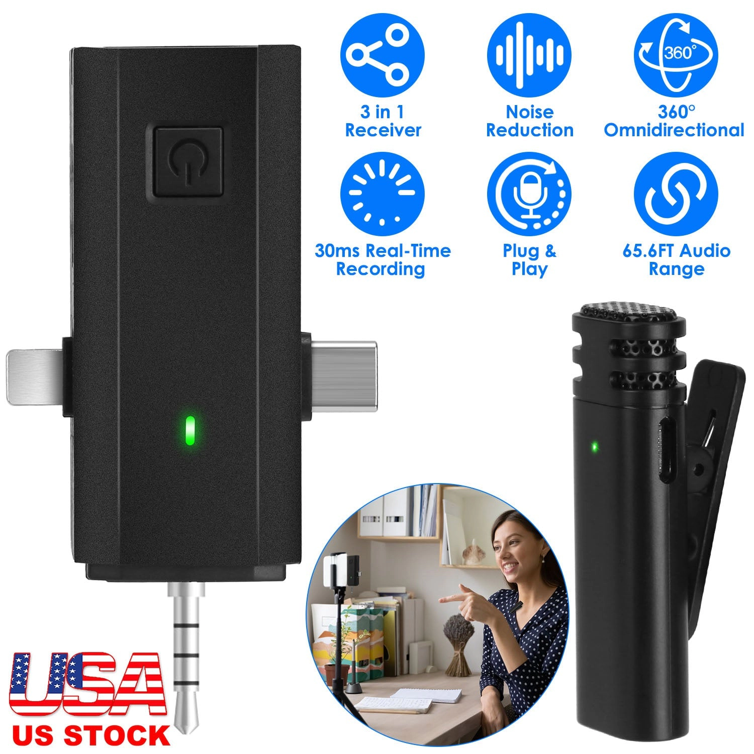 GBruno 3-in-1 Wireless Clip-On Microphone