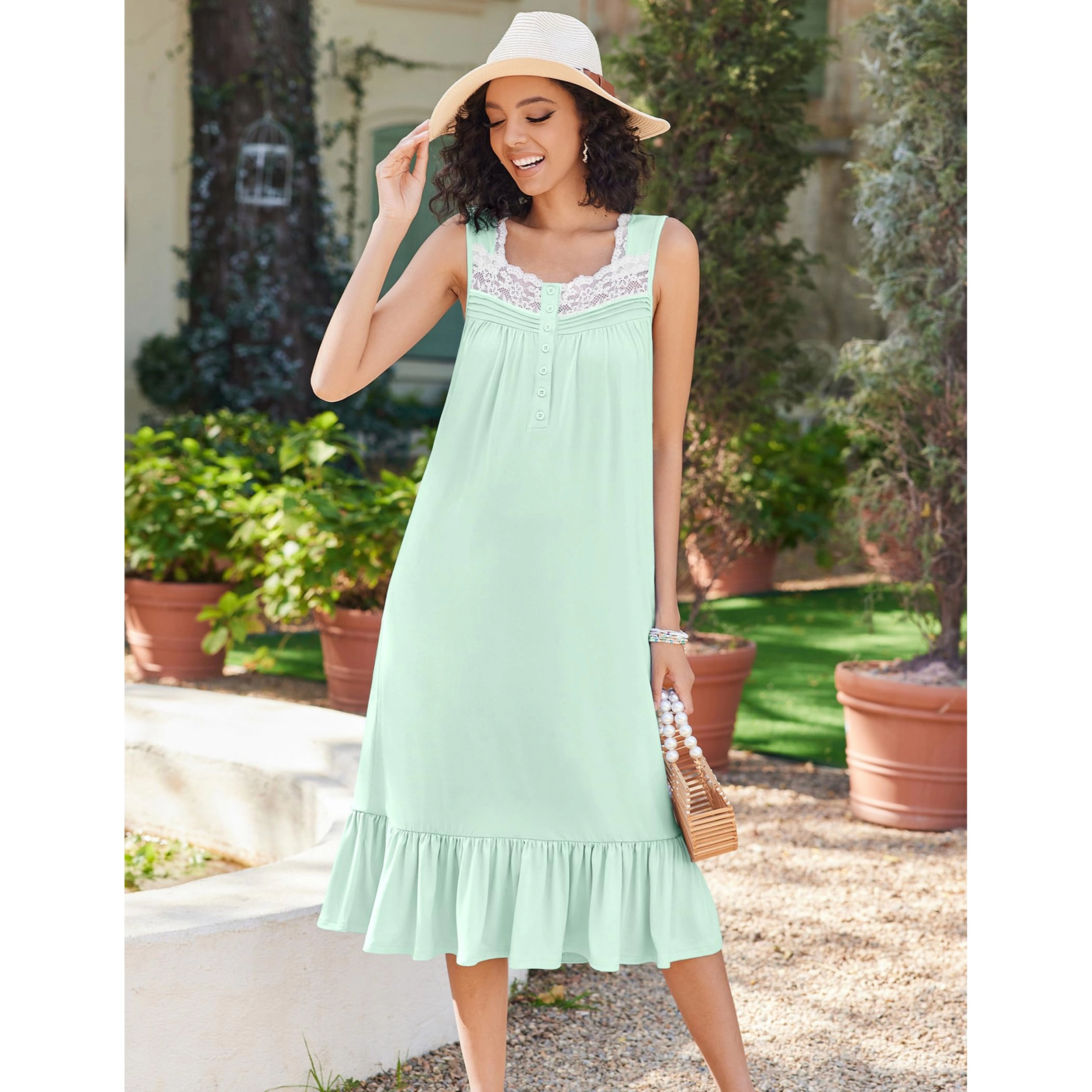 Ekouaer Women's Nightgowns Victorian Long Sleeveless Night Gown with Pockets Lace Trim Button Up
