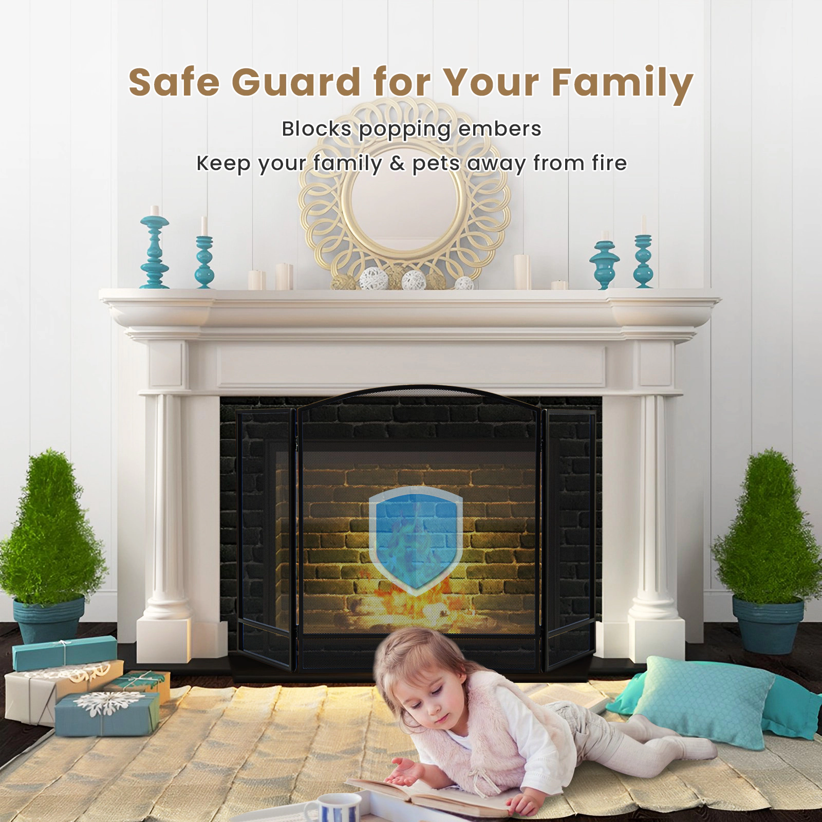 SUGIFT 3-Panel Folding Fireplace Screen, 48.5 in W x 29 in H, Black Wrought Iron Mesh