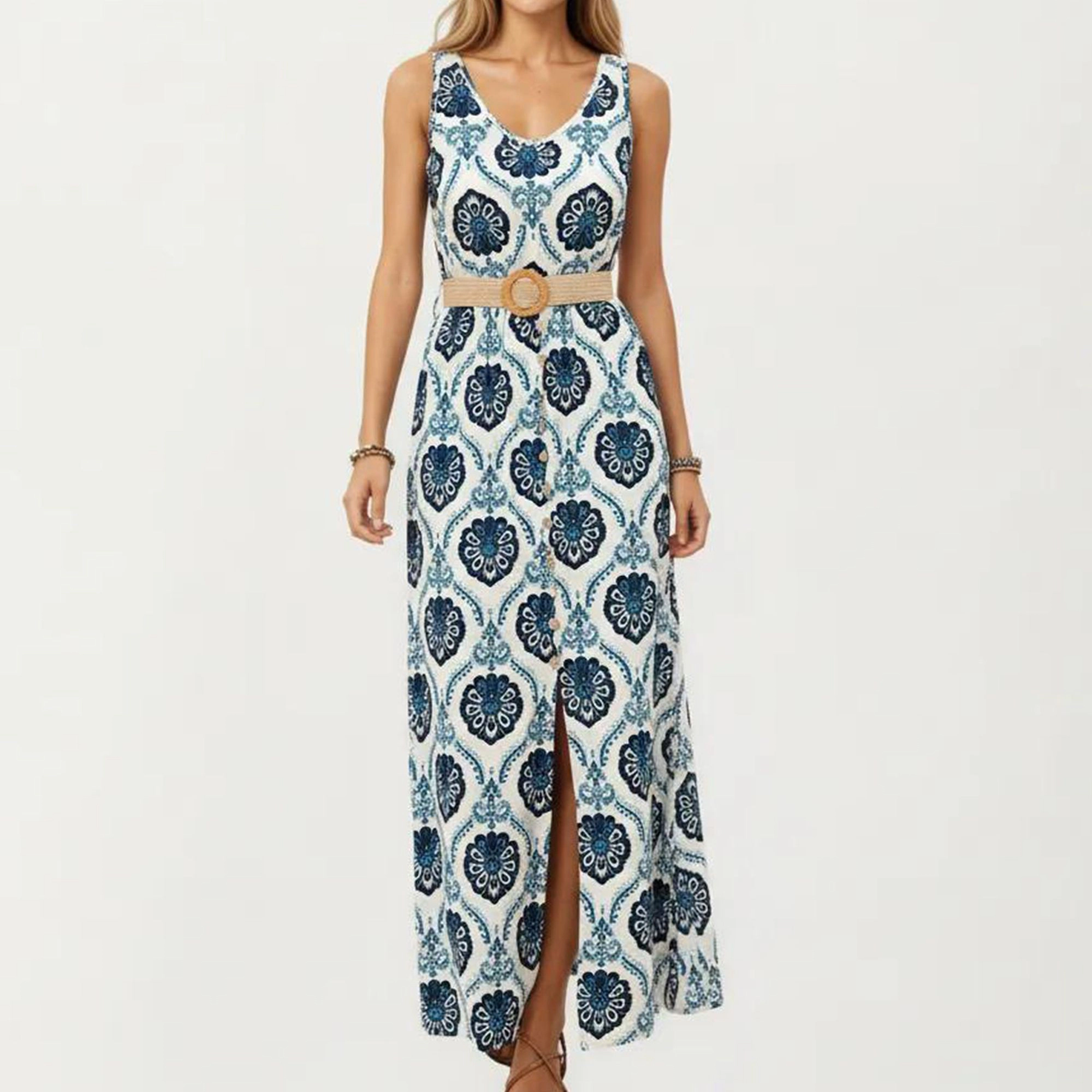 Anna-Kaci Women's Sleeveless Medallion Pattern Belted Waist Front Slit Maxi Dress