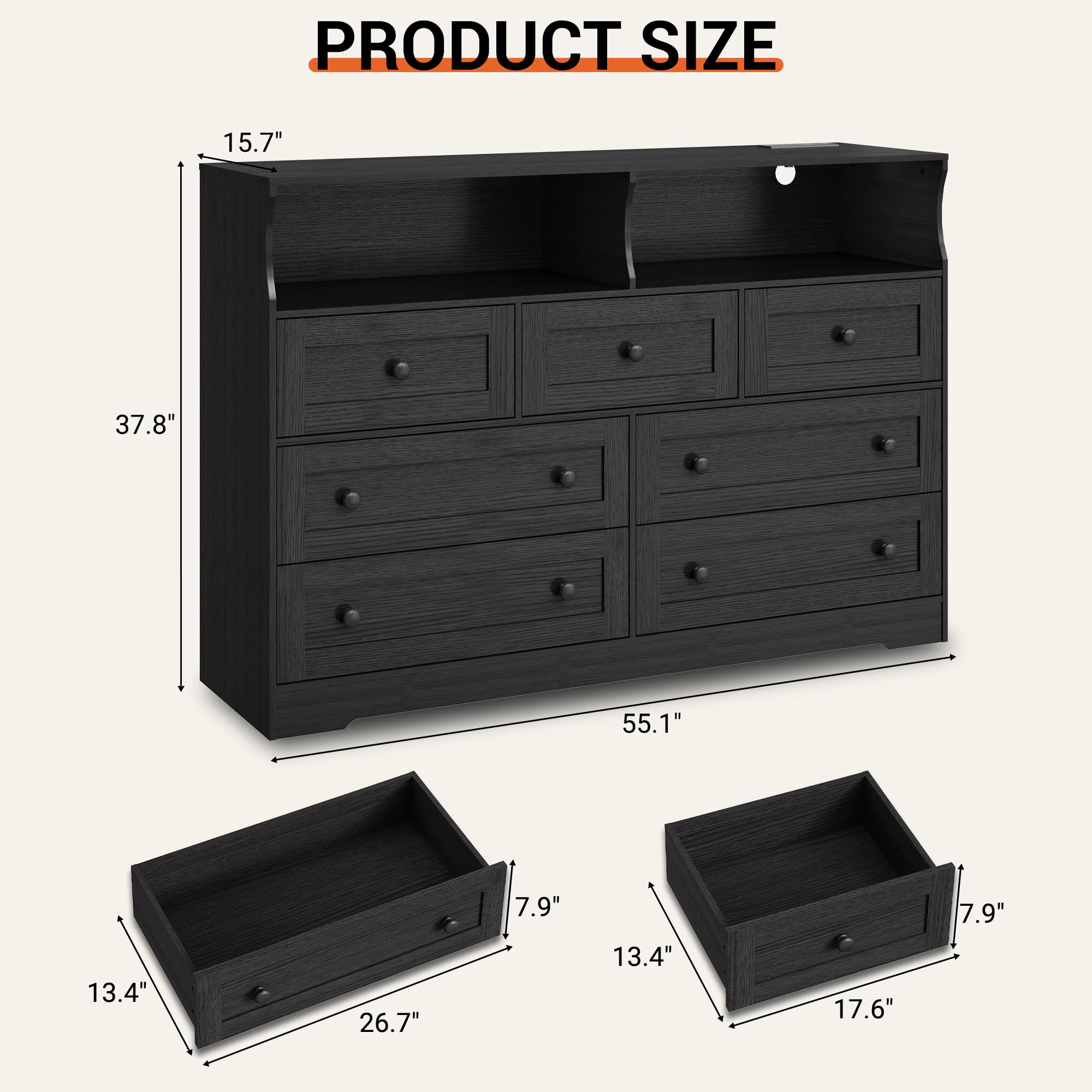 7 Drawer Dresser with LED Lights & Charging Station, Wood Storage Chest with Open Shelves