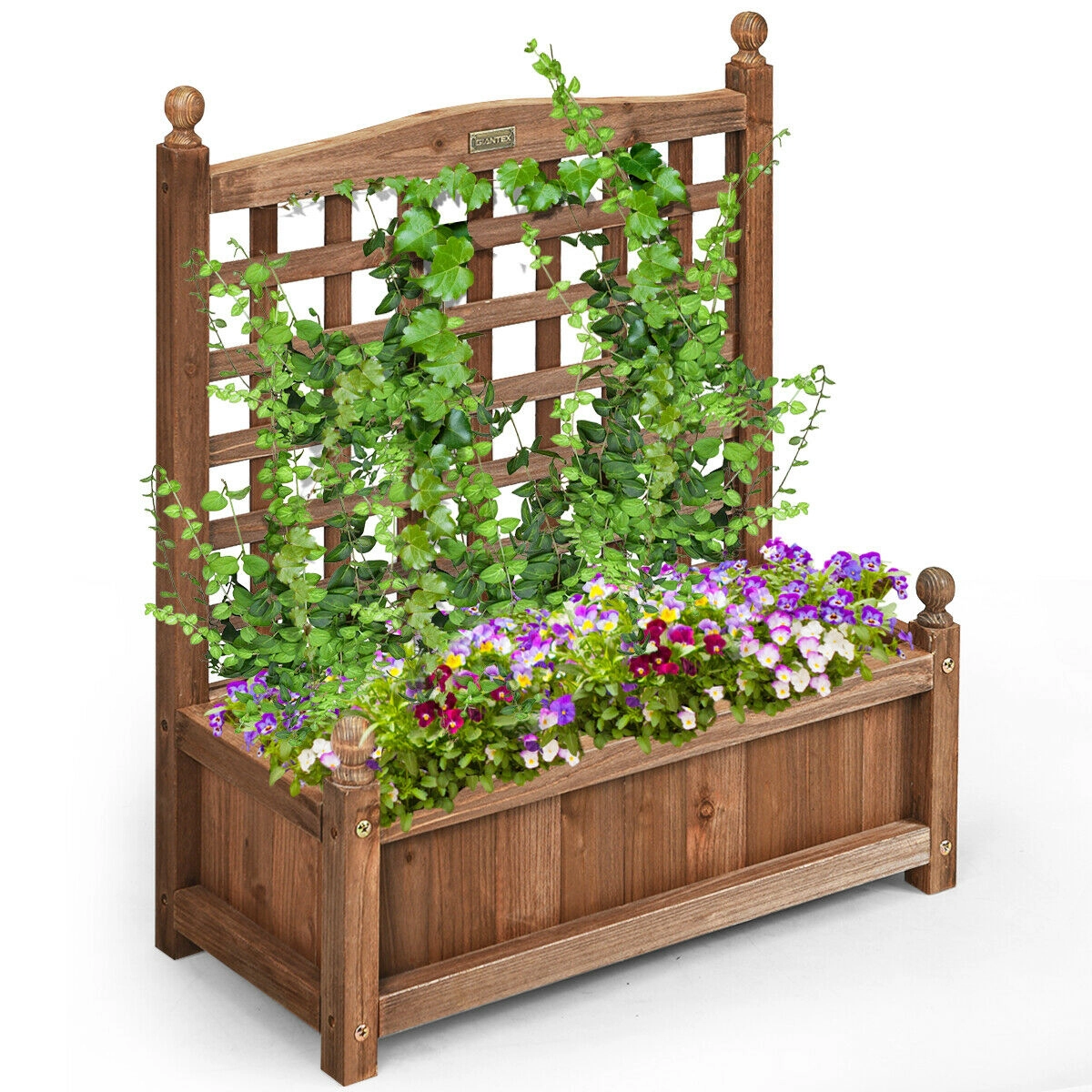 SUGIFT Dark Brown Fir Wood Planter Box with Built-In Trellis and 2 Drainage Holes 25-in W 11-in D 30-in H