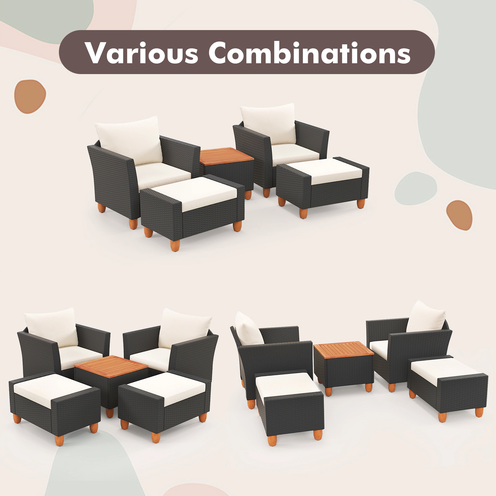 SUGIFT White 2 Ottomans and Acacia Storage Table 5-Piece Patio Rattan Sofa Set