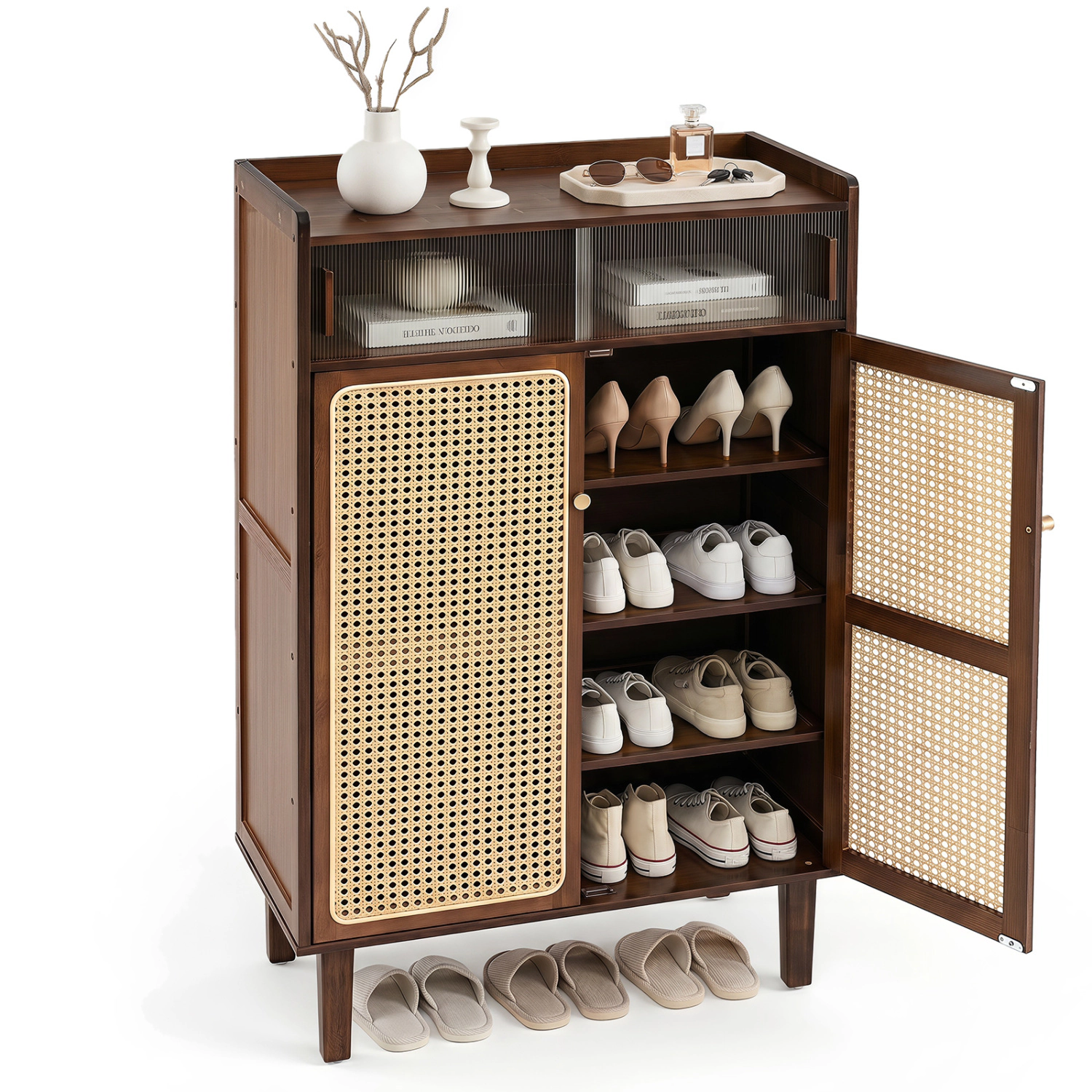 Glintex 5-Tier Bamboo Shoe Cabinet with Sliding Rattan Doors and 110-Lb Top, Walnut