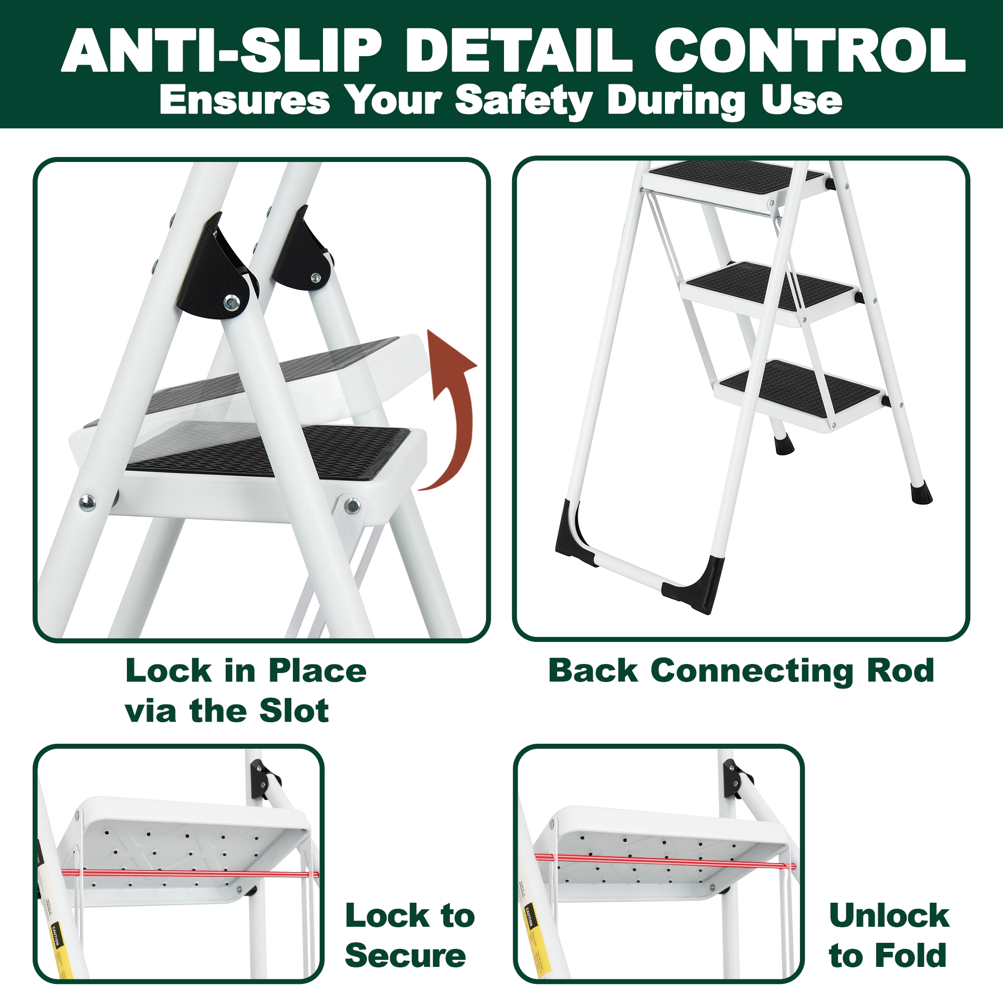 Flynama 3 Step Ladder- 330lb Capacity Steel Foldable Step Stool (White)