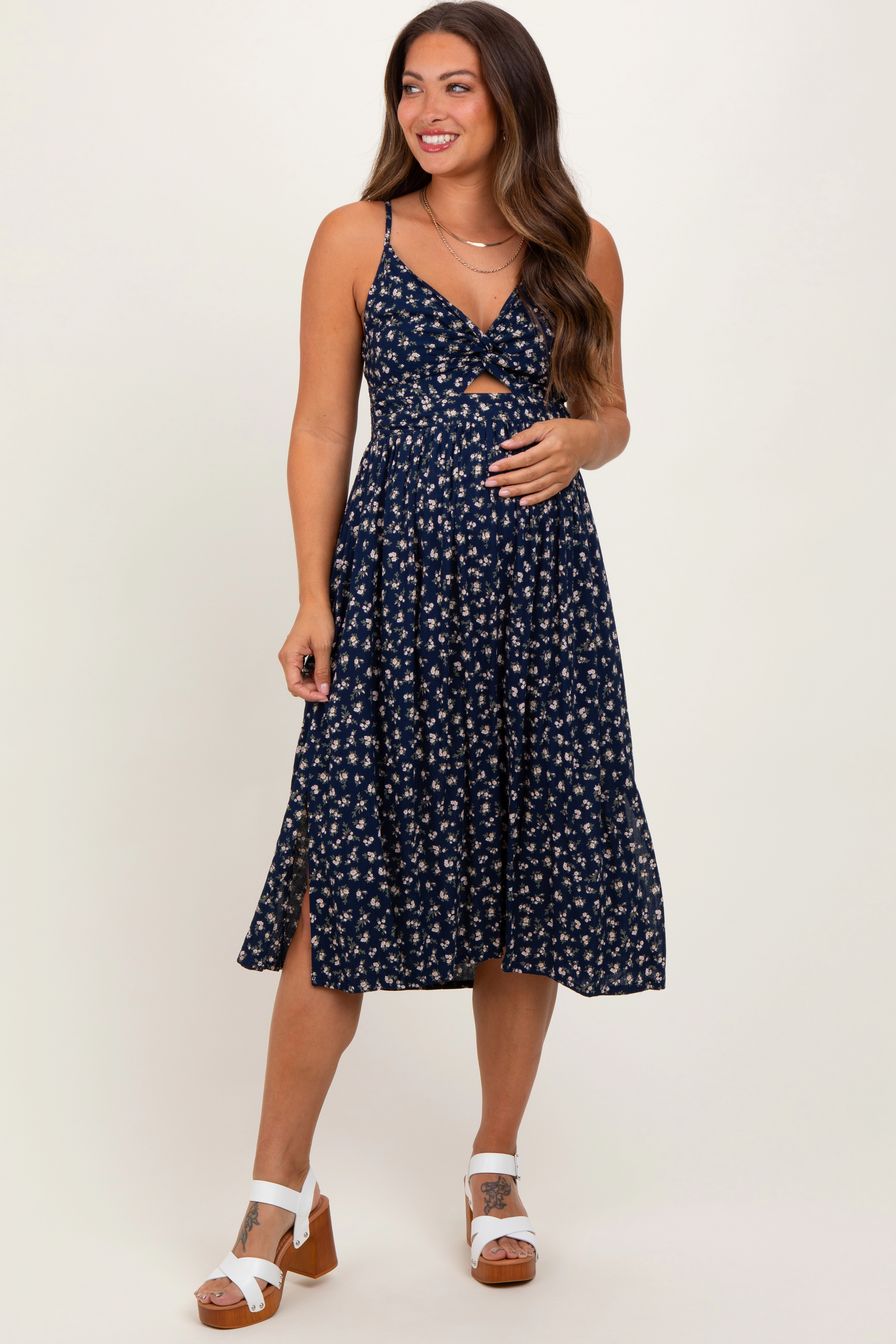 PinkBlush Womens Navy Floral Twist Front Cut Out Maternity Midi Dress