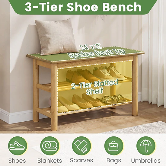 Glintex 24-Inch Rubberwood Shoe Bench with 485-Lb Seat and Slatted Shelves, Natural