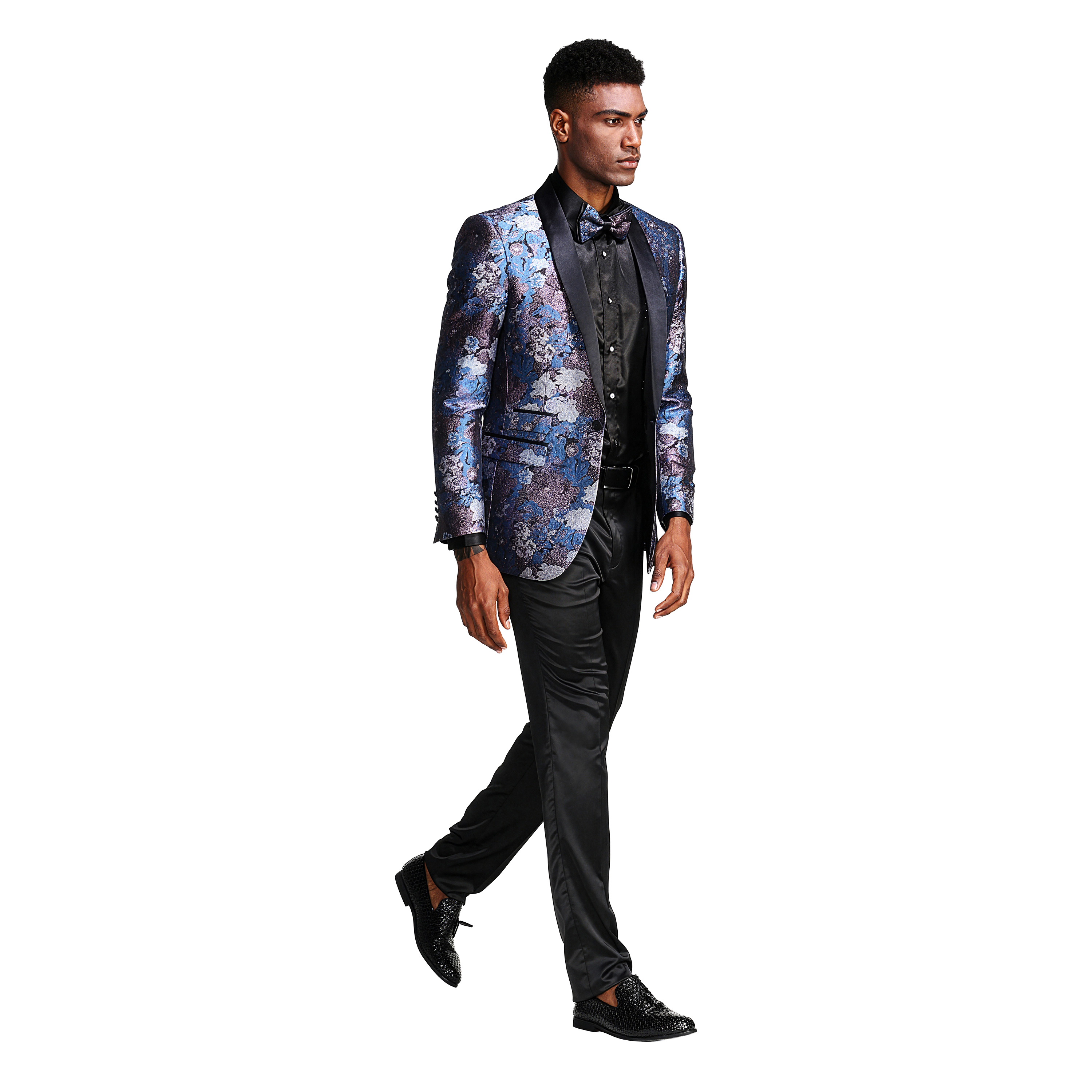 Tazzio Mens Floral Satin Shawl Collar Tuxedo Jacket With Bow Tie
