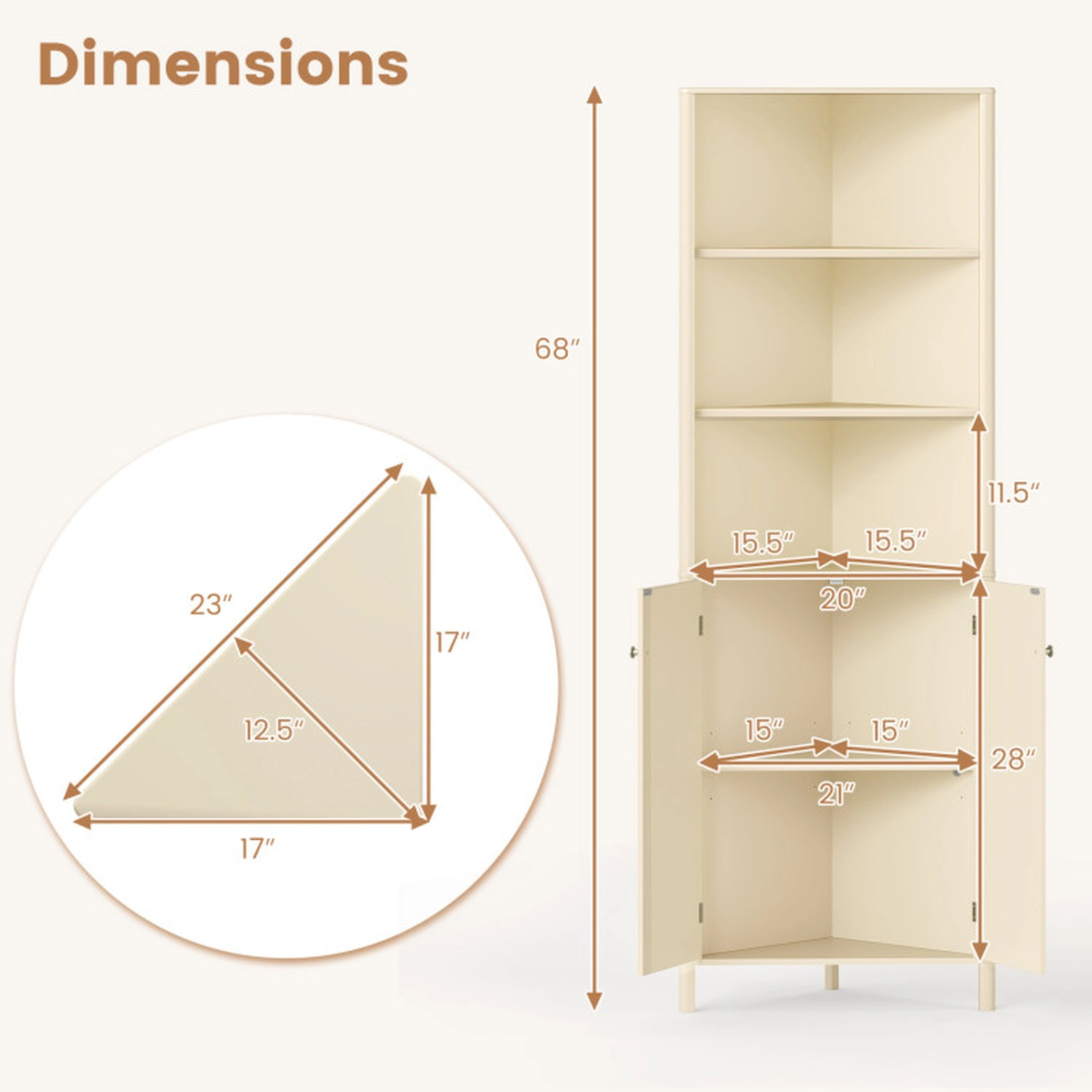 SUGIFT Corner Bathroom Cabinet with 5 Shelves and 2 Fluted Doors 22-lb Shelf Capacity 110-lb Total Capacity Beige