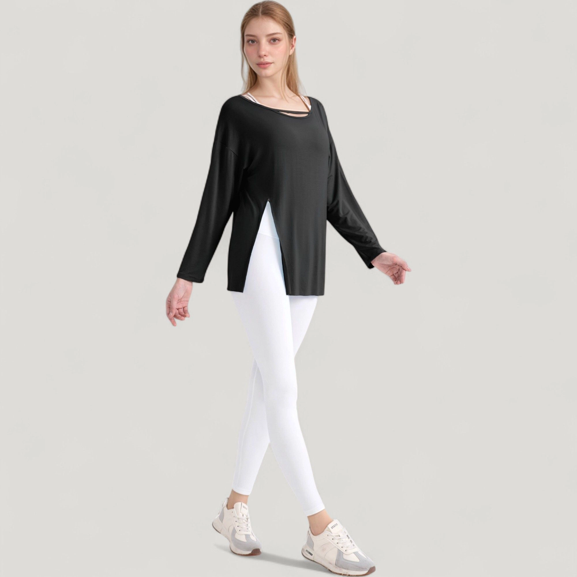 Anna-Kaci Women's Long Sleeve Pullover Top with Cutout Scoop Neck and Side Slit Hem