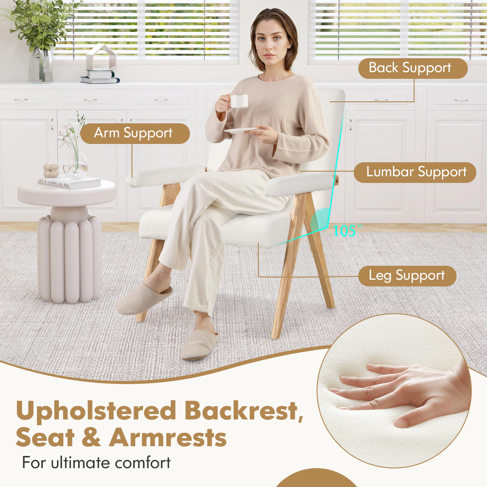 SUGIFT Mid Century Modern Rubber Wood Accent Chair with Sherpa Fabric 26-in Wide Seat 350-lb Capacity Beige and Natural