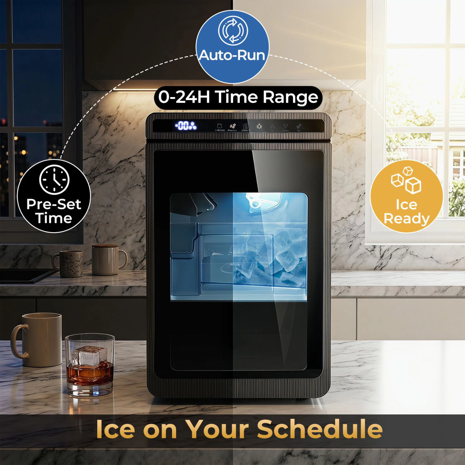 SlickBlue Black Silver Stainless Steel Ice Machine, 26 Lbs Daily