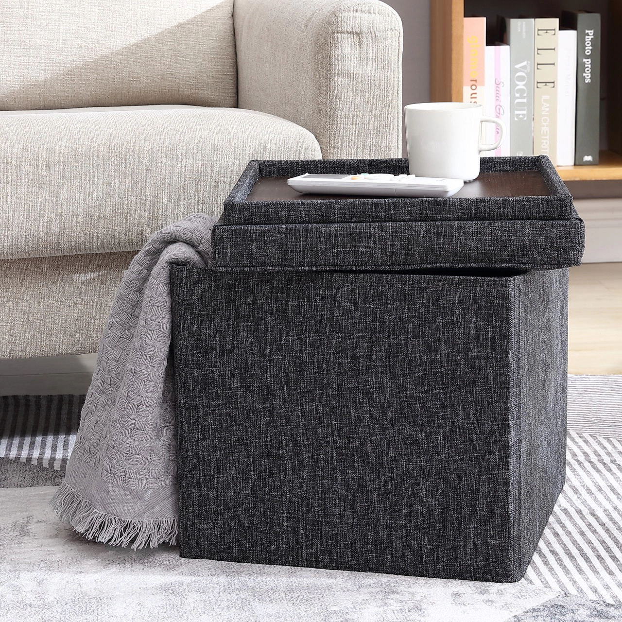 Ornavo Home Collapsible Tufted Linen Square Coffee Table Storage Ottoman