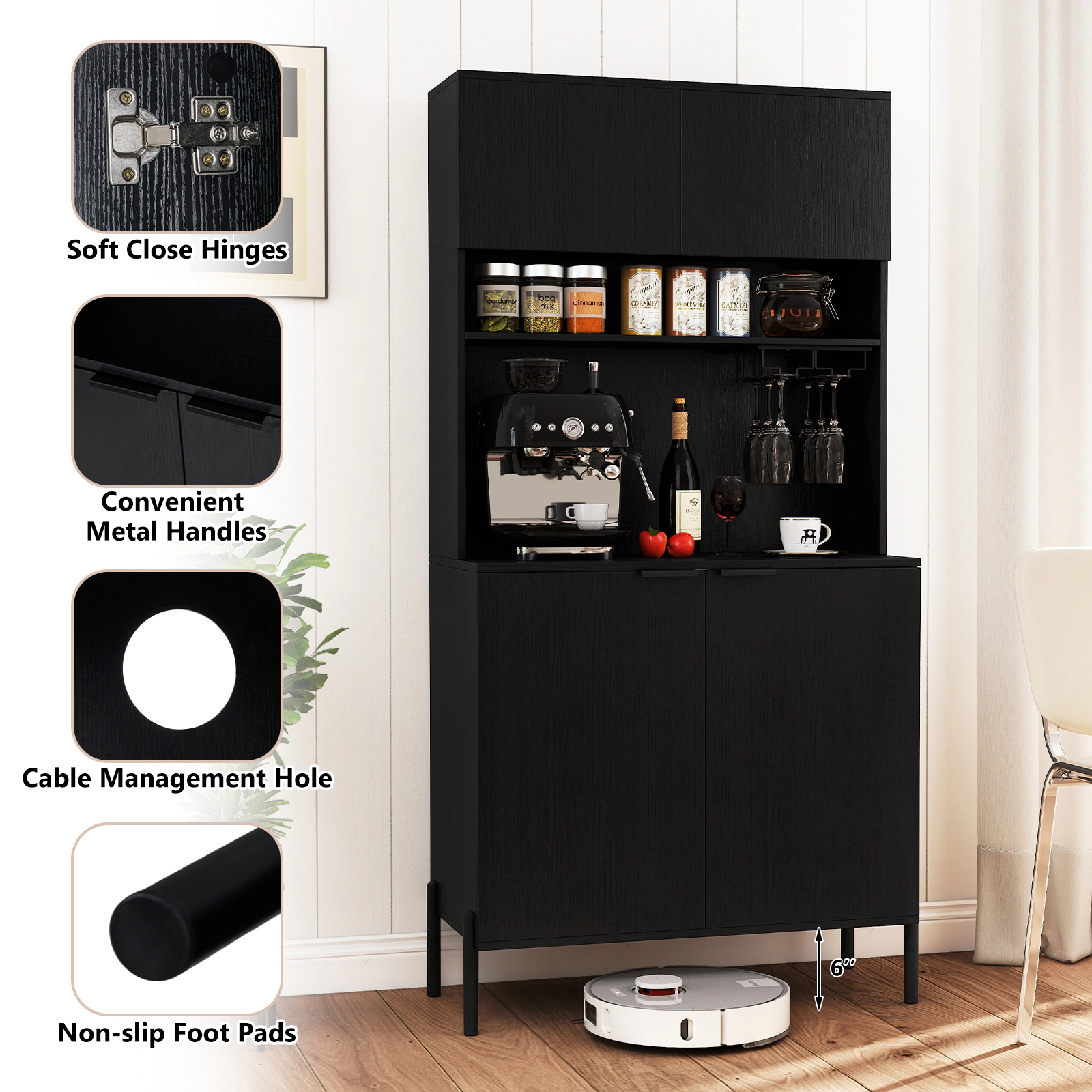 SUGIFT 64.5-in Tall 90-lb Countertop Black Pantry Cabinet with Charging Station Wine Glass Rack and Open Shelf