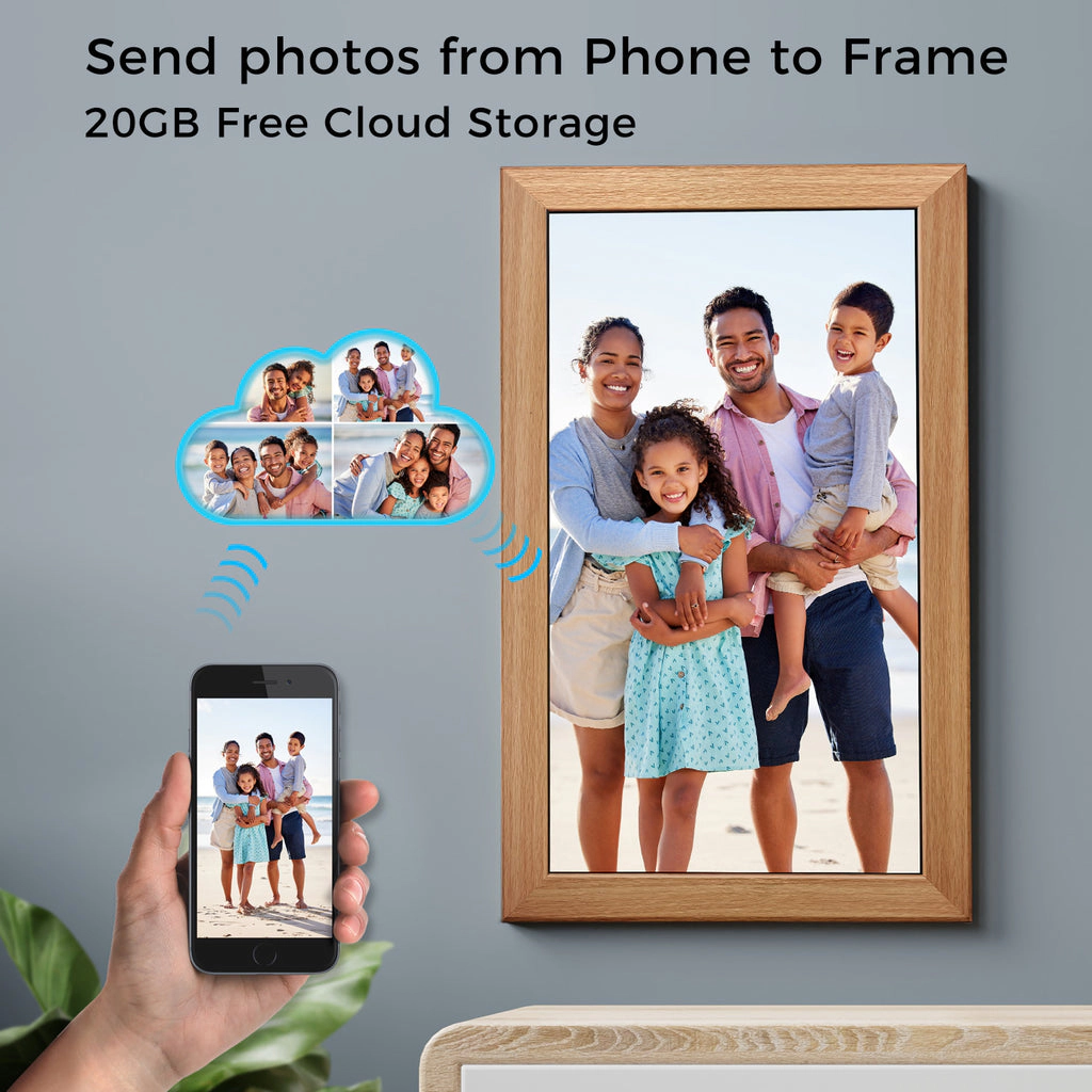Sungale 21 Inch 1920x1080, Easy PhotoShare APP, 20GB Cloud Storage - Wooden Cloud Frame