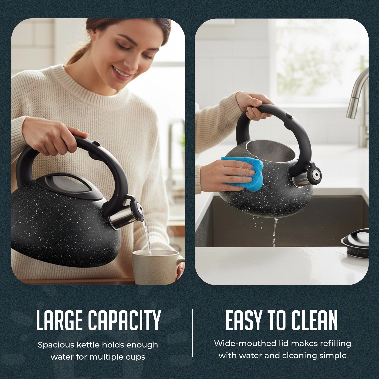 Luminuxe Stainless Steel Whistling Tea Kettle, 2.4qt Fast Boil Pot with Heat Resistant Handle, Tapered Marble Finish