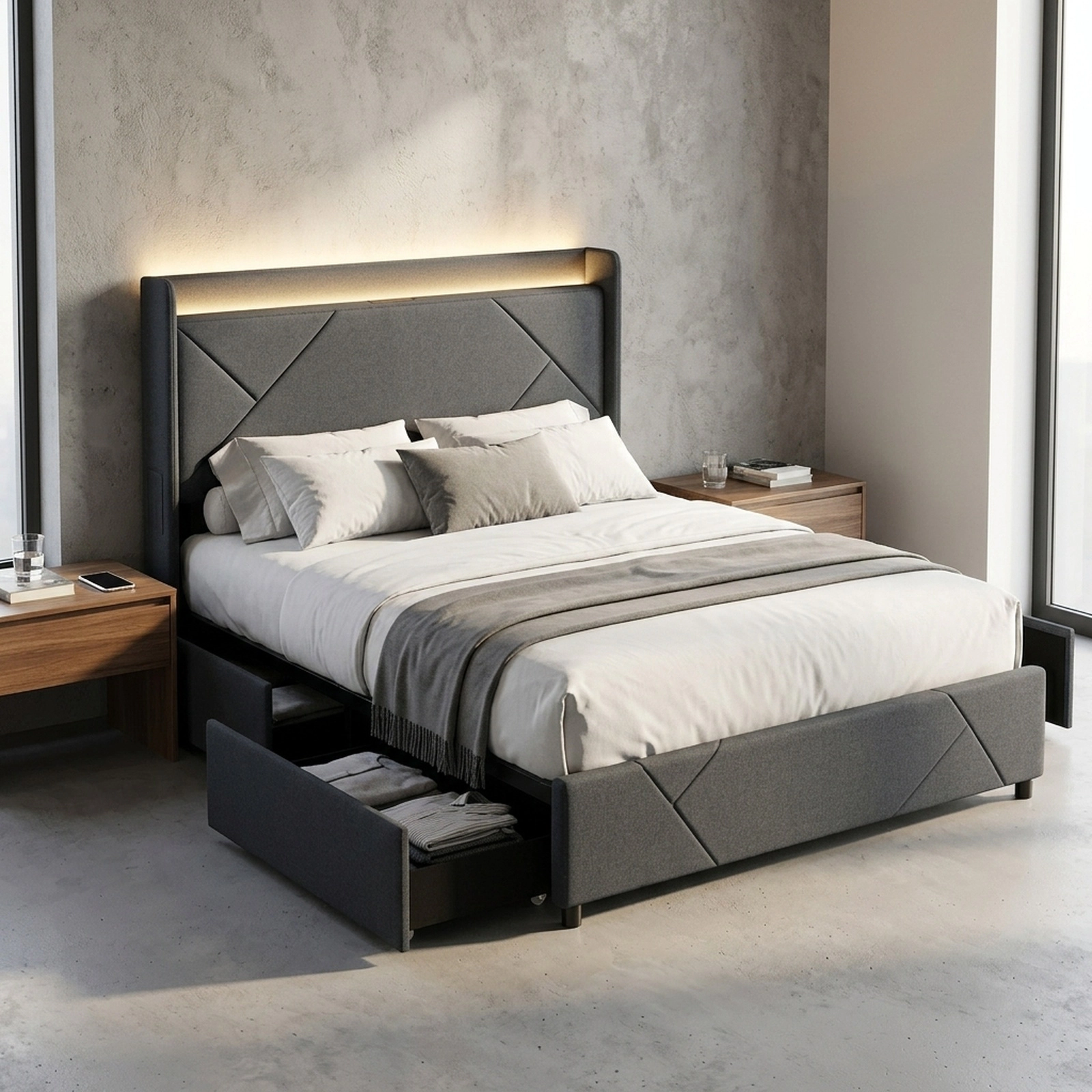 SUGIFT Full Size Platform Bed with LED Lights, Charging Station, Storage Drawers and Grey Upholstered Headboard