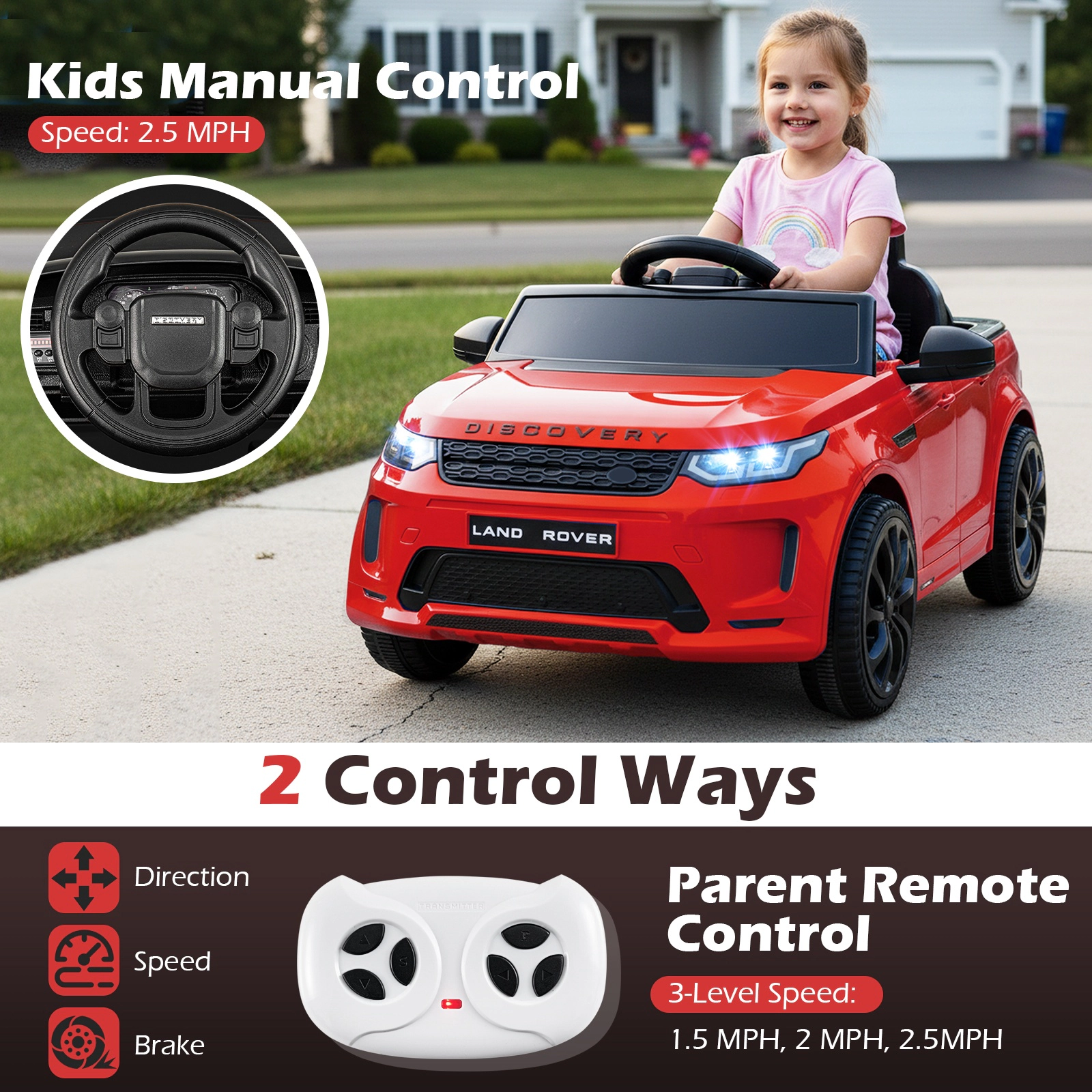 SUGIFT Licensed Land Rover Kids Ride-On Car 12V Battery Powered Electric Car 66-lb Capacity Ages 3+ 38-in Body Red